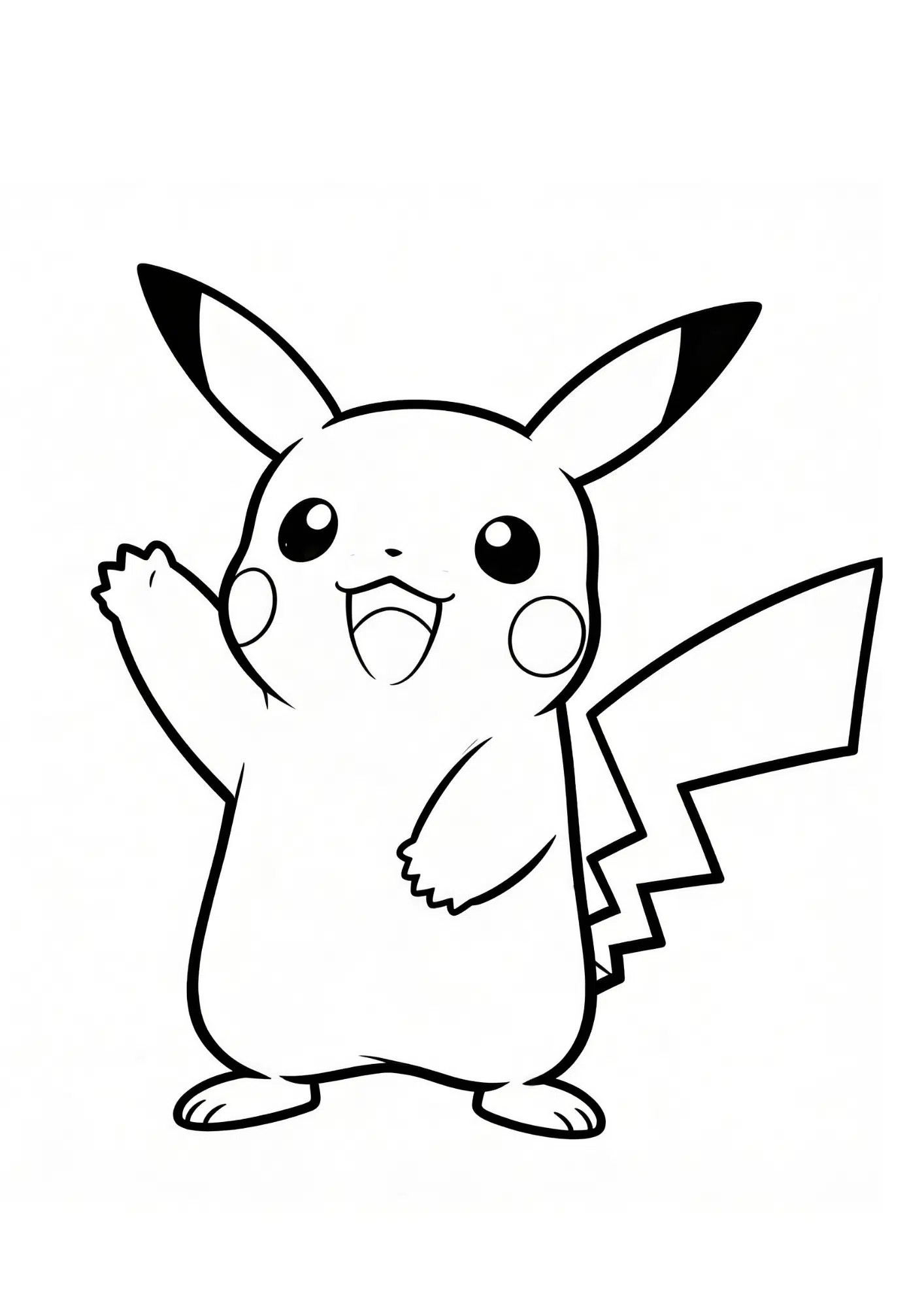 pikachu coloring page printable black outline smiling pikachu waving clean kids coloring sheet white background