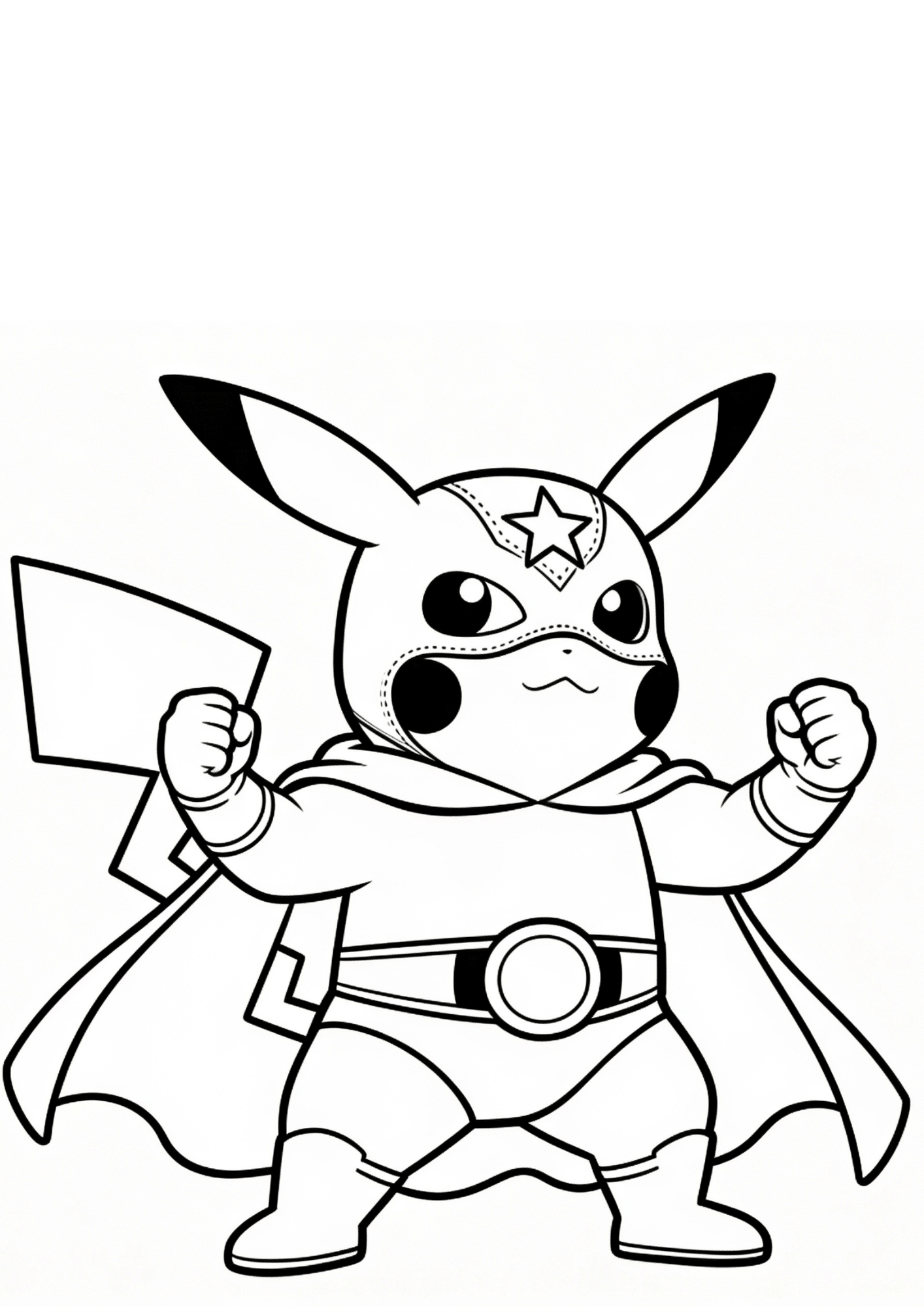 pikachu libre coloring page printable black outline in wrestling outfit mask cape kids coloring sheet clean line art