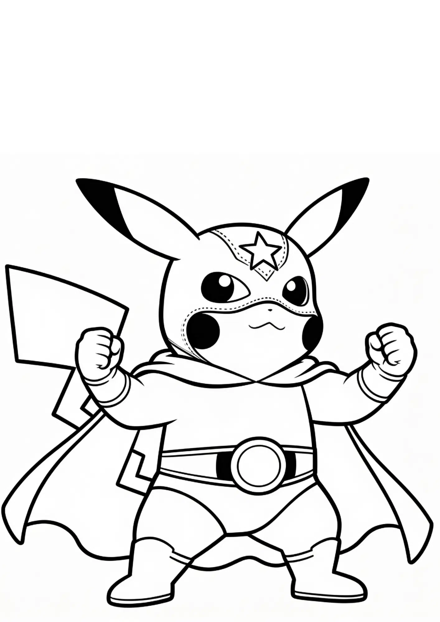 pikachu libre coloring page printable black outline in wrestling outfit mask cape kids coloring sheet clean line art