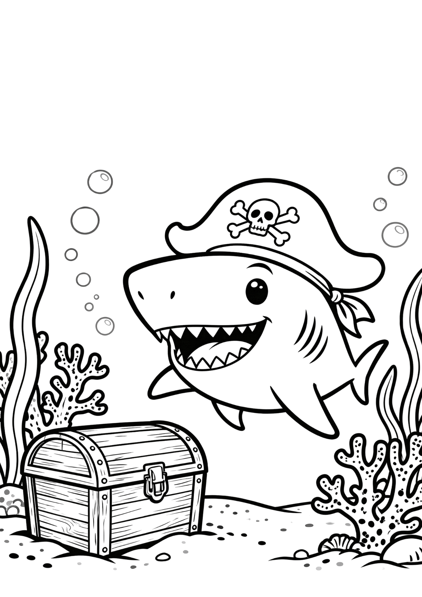 pirate shark coloring page with treasure chest in bold black outline only and empty spaces ready for coloring