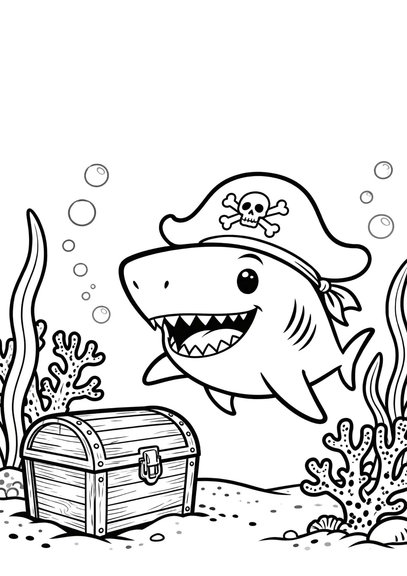 pirate shark coloring page with treasure chest in bold black outline only and empty spaces ready for coloring