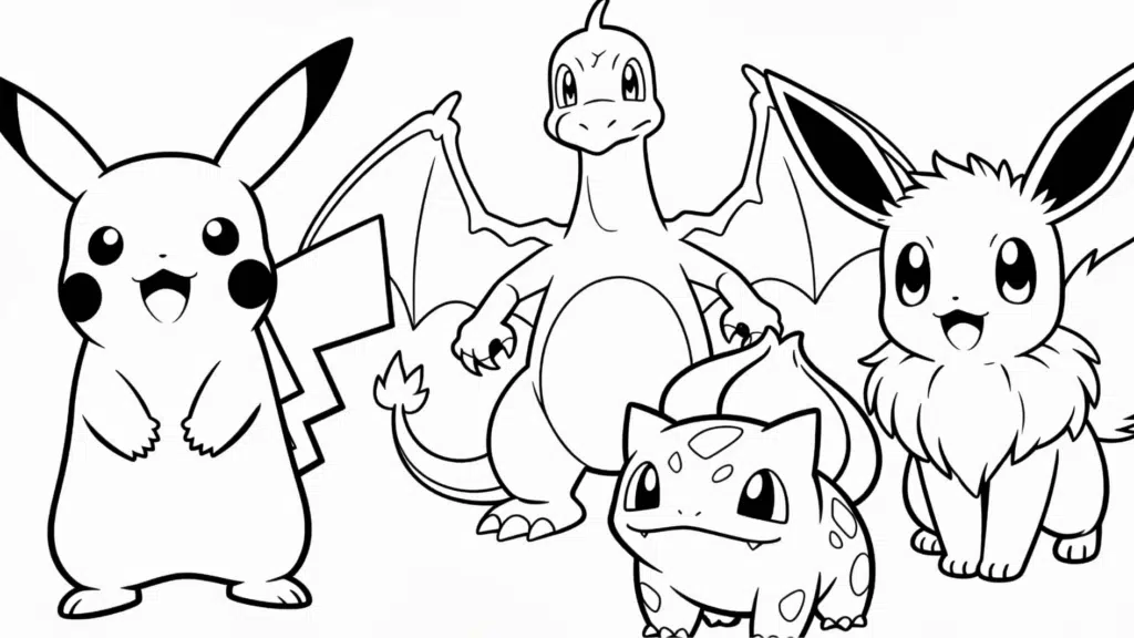 pokemon coloring page printable black outline featuring pikachu charizard bulbasaur eevee kids coloring sheet clean line art