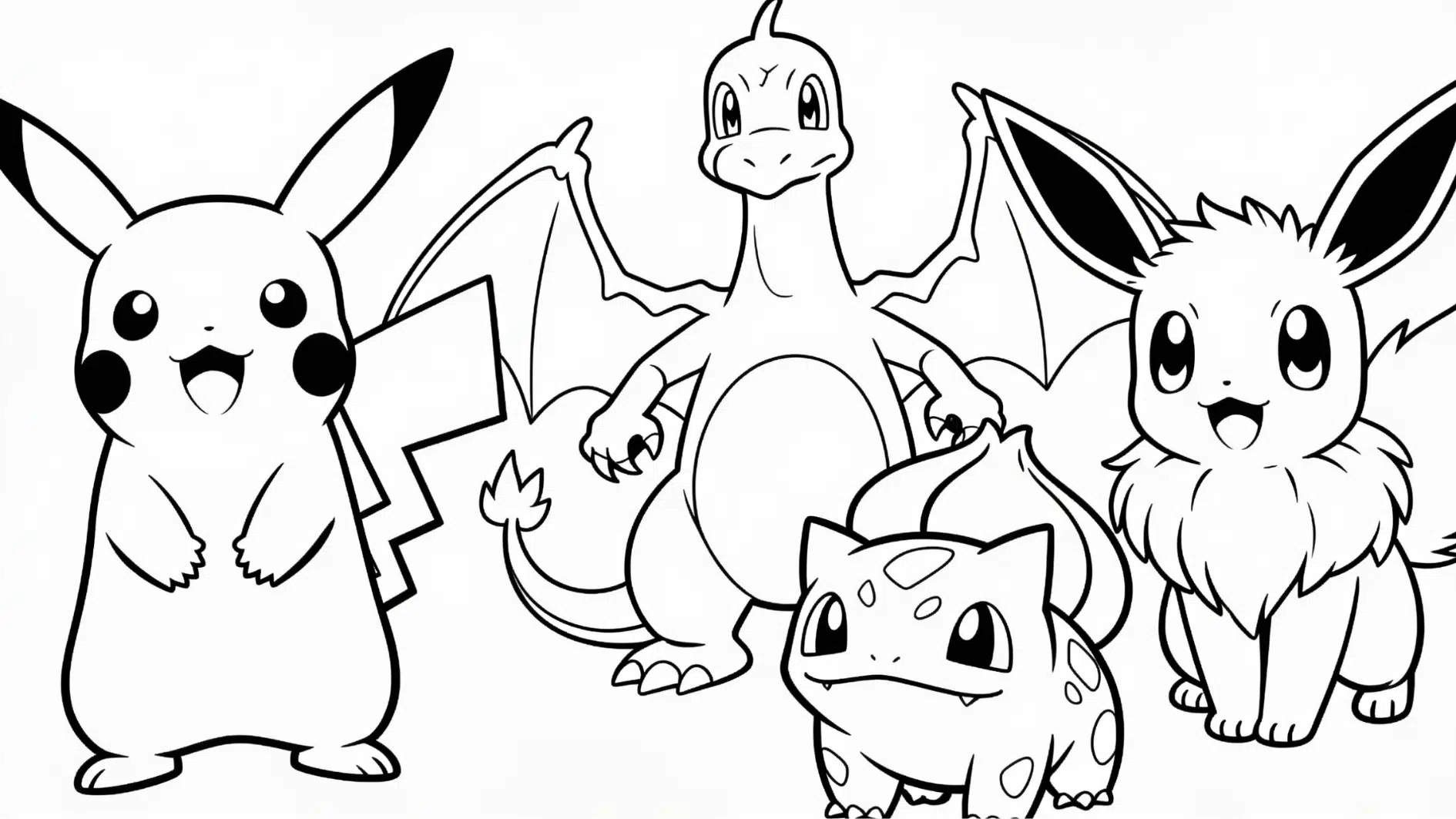 pokemon coloring page printable black outline featuring pikachu charizard bulbasaur eevee kids coloring sheet clean line art