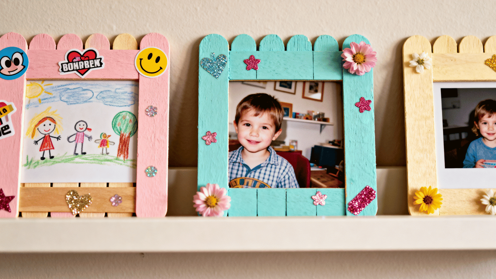 colorful popsicle stick picture frames decorated with paint and stickers, a simple craft for kids to do at home