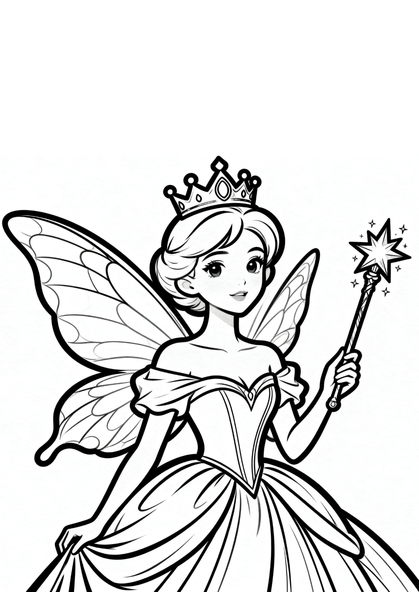 princess fairy coloring page with a crown magic wand flowing dress and large wings in bold outline line art