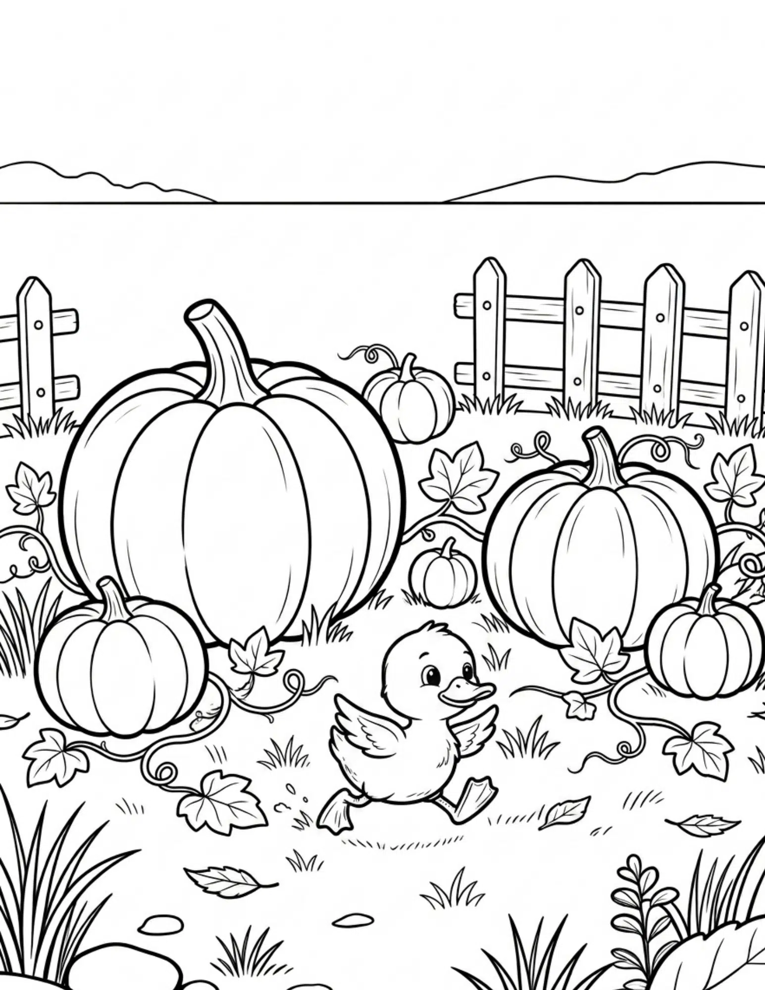 duck walking in pumpkin patch farm with pumpkins fence and leaves coloring page outline style