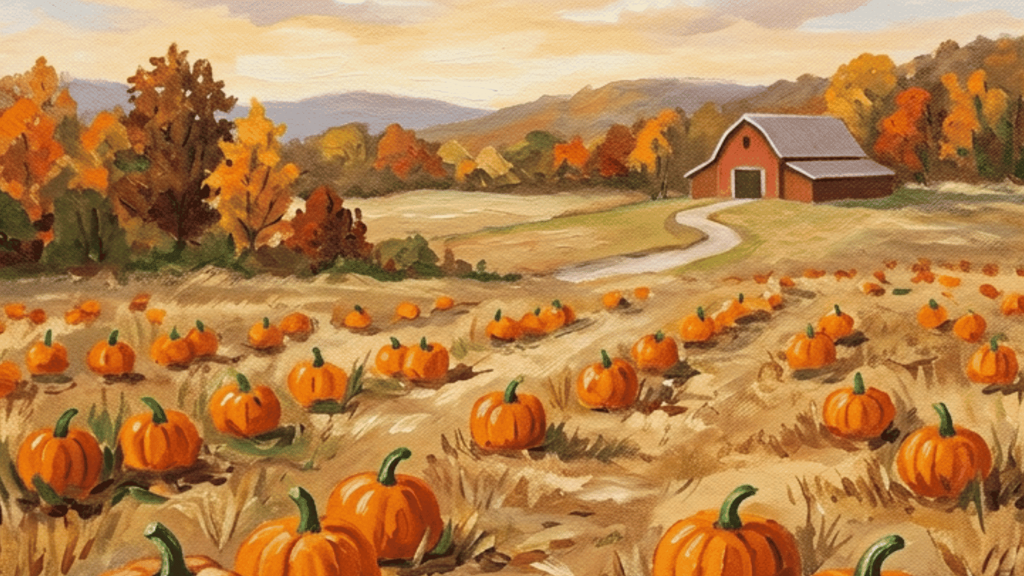 pumpkin patch acrylic painting with bright orange pumpkins autumn leaves warm sunlight and rustic countryside charm