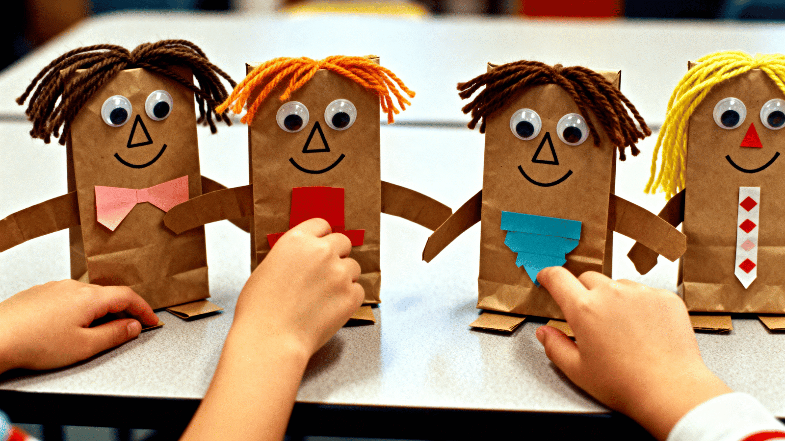 kids holding diy paper bag puppet which they made at home