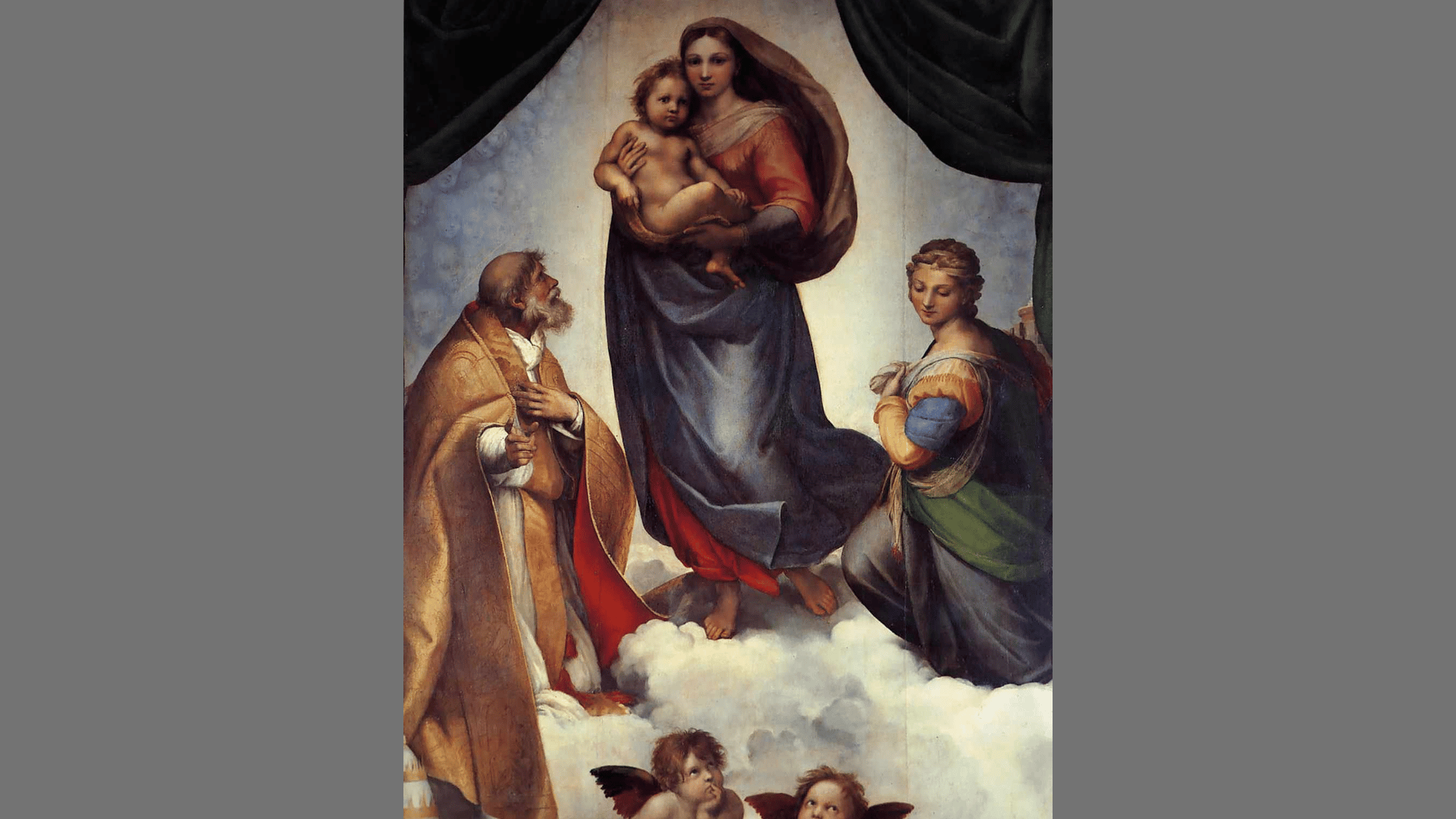 Raphael's Sistine Madonna painting showing Mary holding the infant Jesus above saints and cherubs on clouds