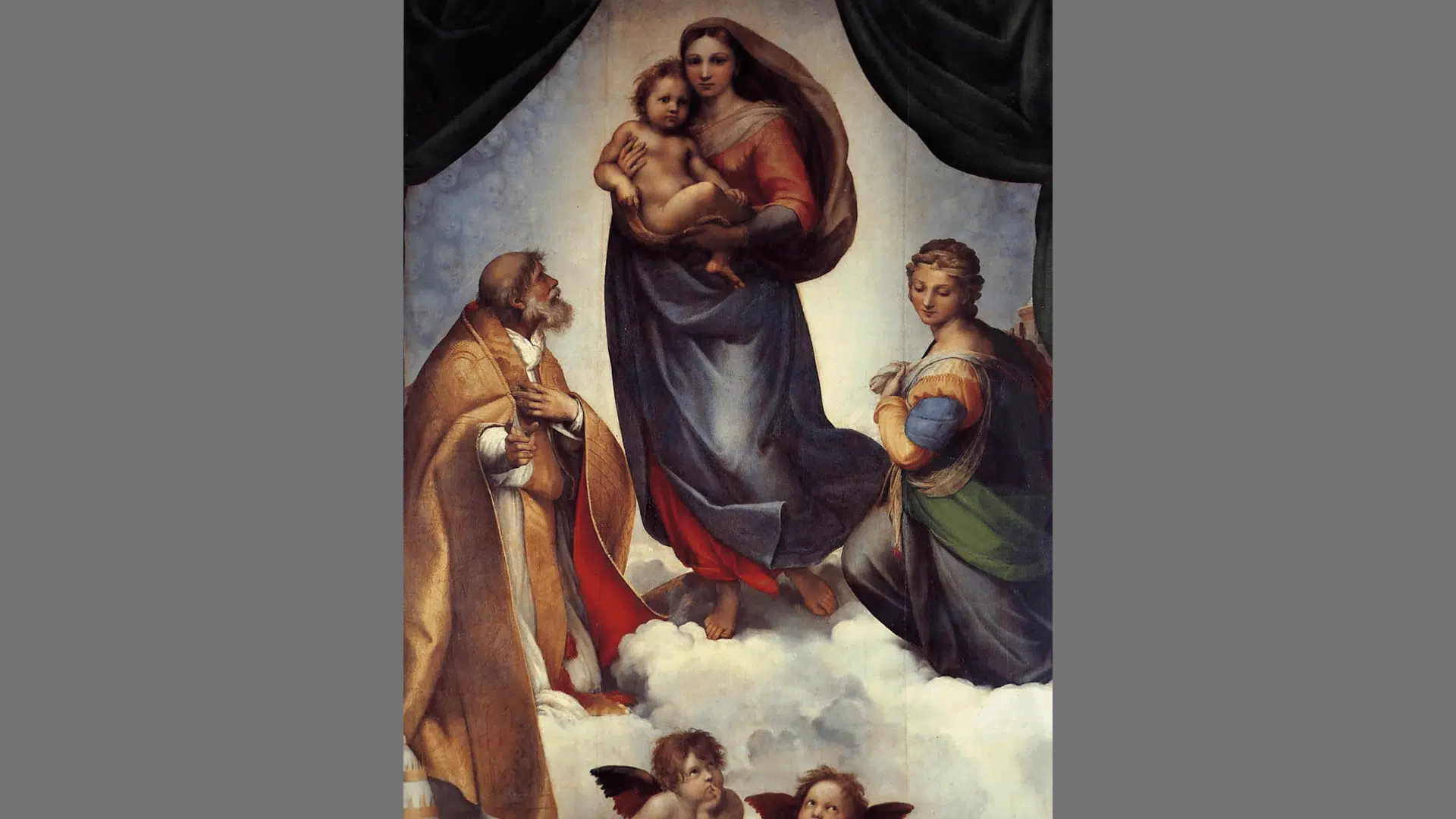 Raphael's Sistine Madonna painting showing Mary holding the infant Jesus above saints and cherubs on clouds