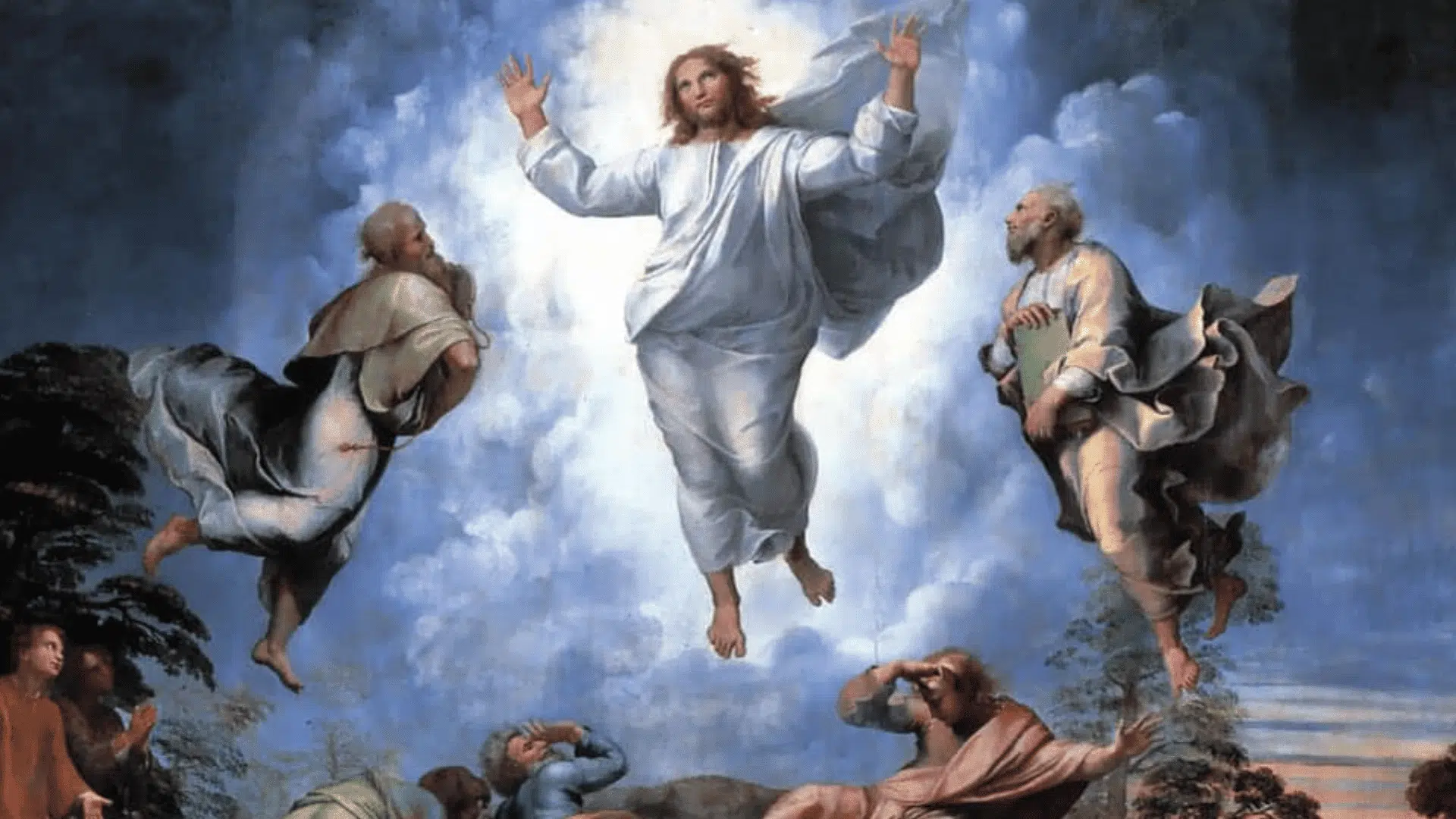 Raphael's Transfiguration painting showing Jesus floating in a glowing sky above prophets and disciples