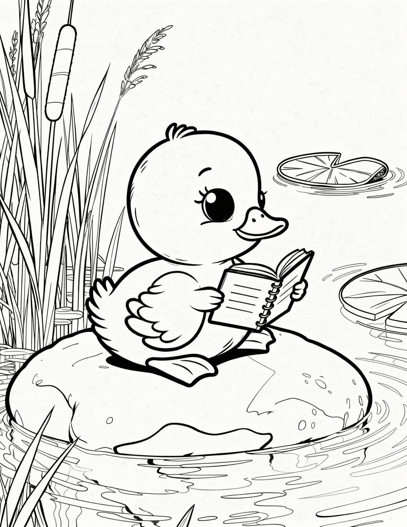 duck reading book sitting on rock near pond reeds and water outline coloring page