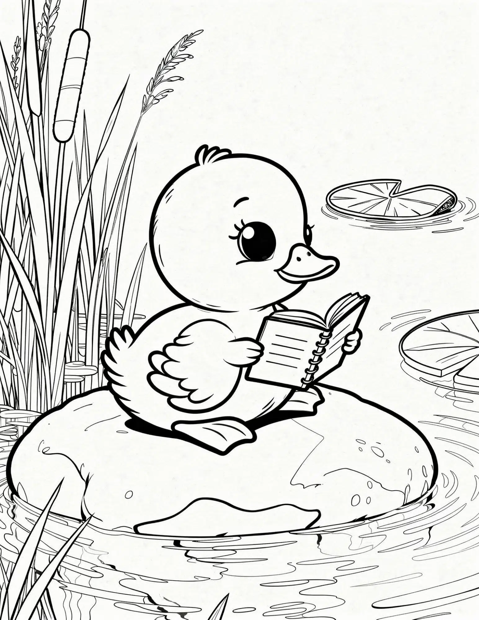 duck reading book sitting on rock near pond reeds and water outline coloring page