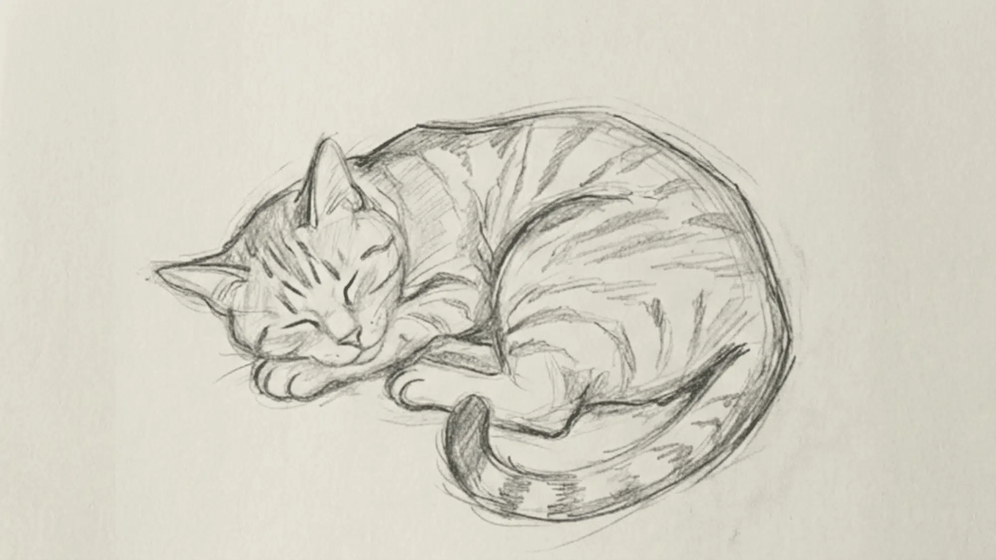 realistic pencil drawing of a curled sleeping striped cat resting peacefully