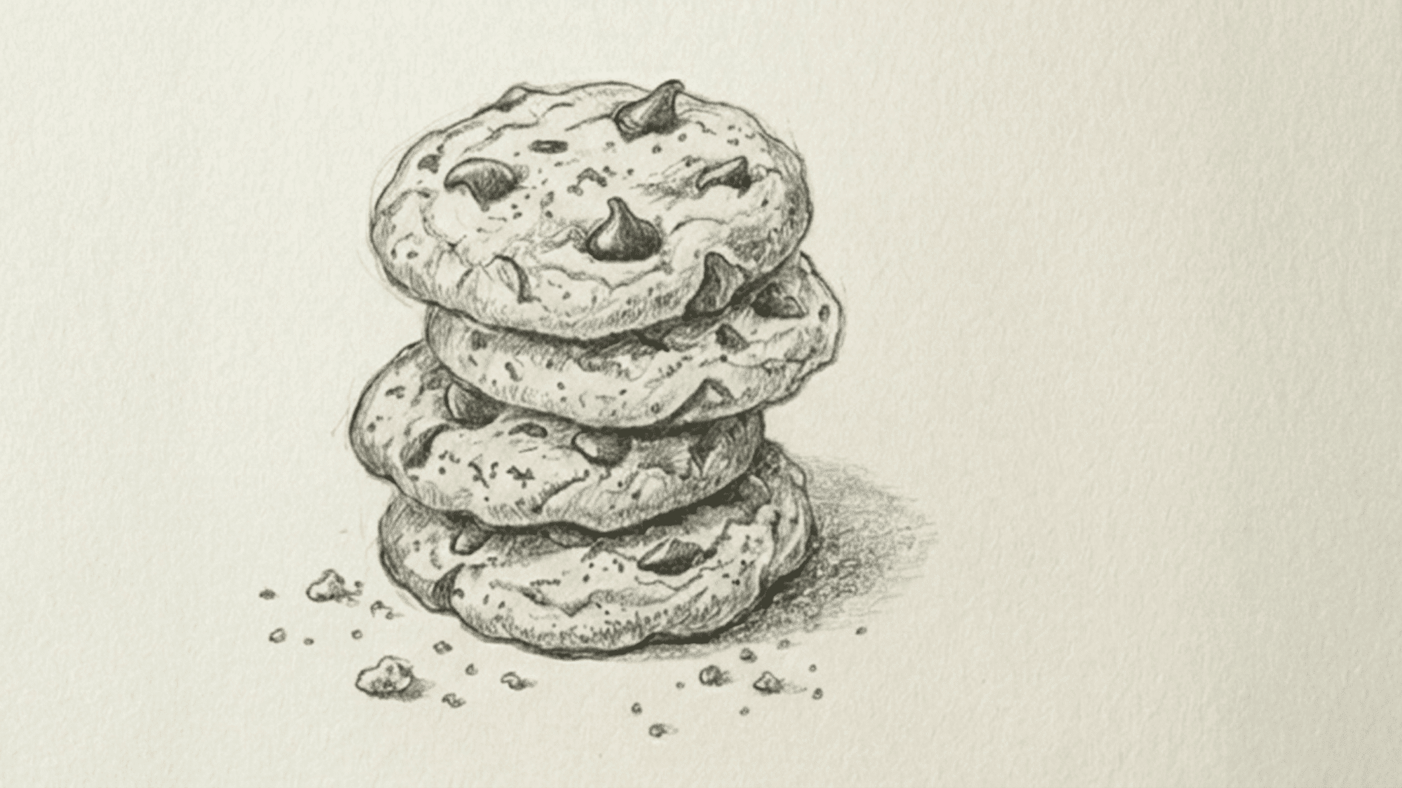realistic pencil drawing of a stack of chocolate chip cookies with scattered crumbs