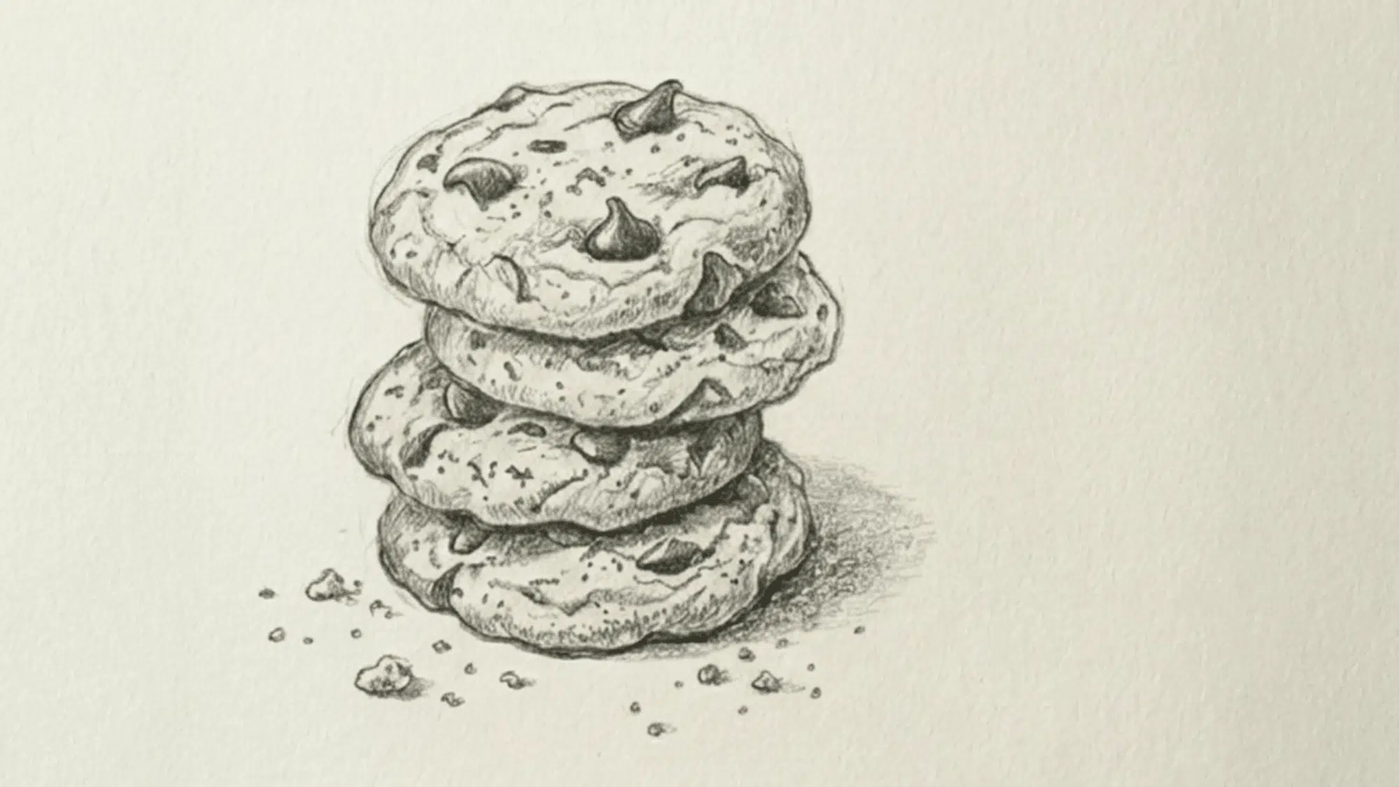 realistic pencil drawing of a stack of chocolate chip cookies with scattered crumbs