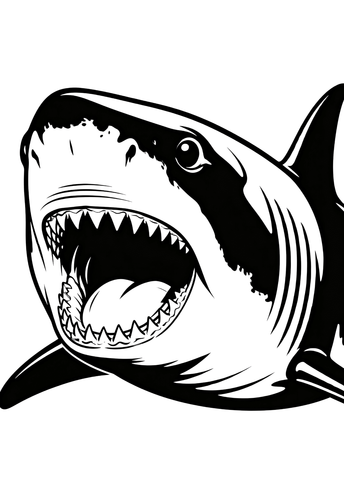 realistic shark portrait coloring page with close up shark face in bold black outline only for printable coloring fun