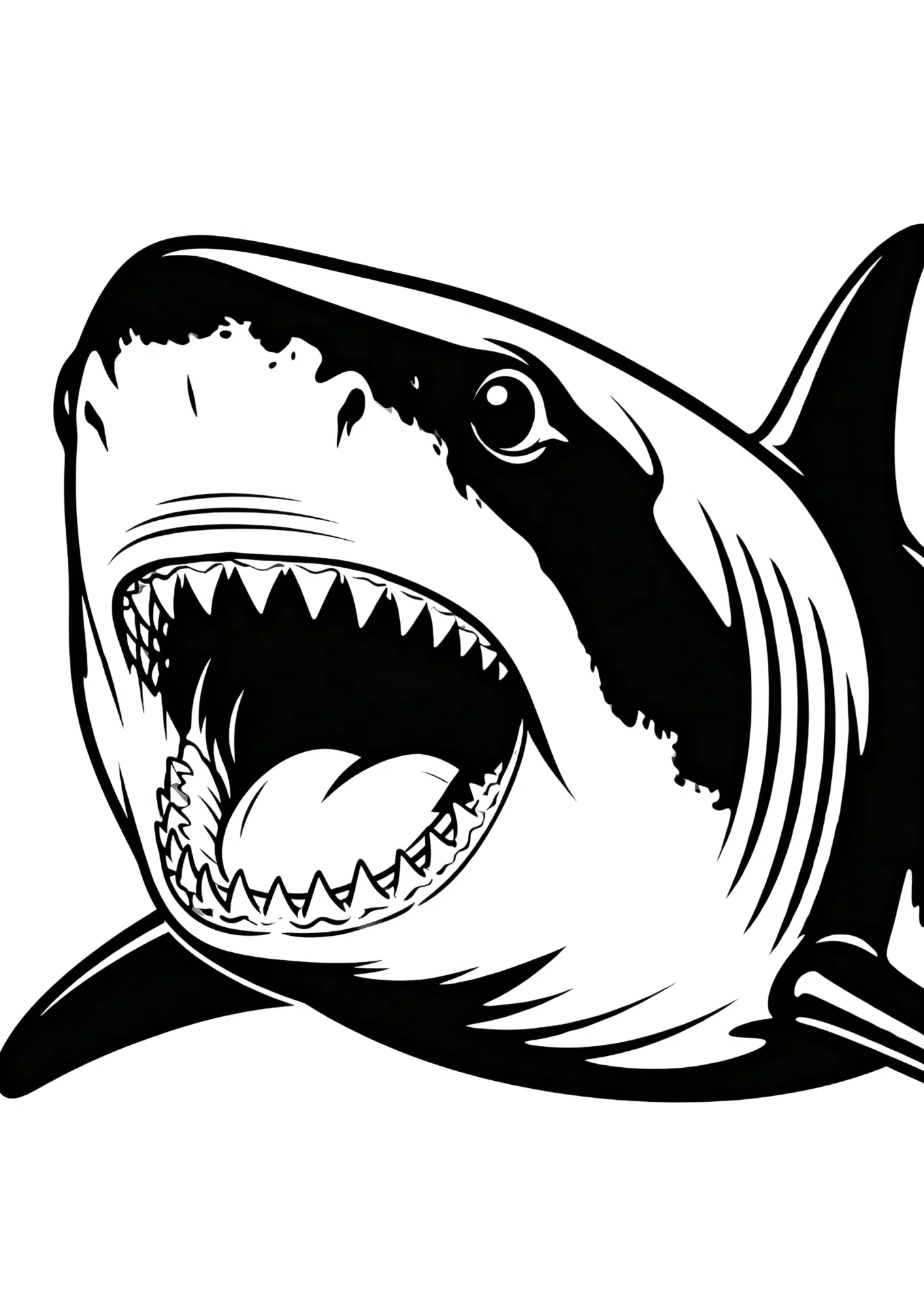 realistic shark portrait coloring page with close up shark face in bold black outline only for printable coloring fun