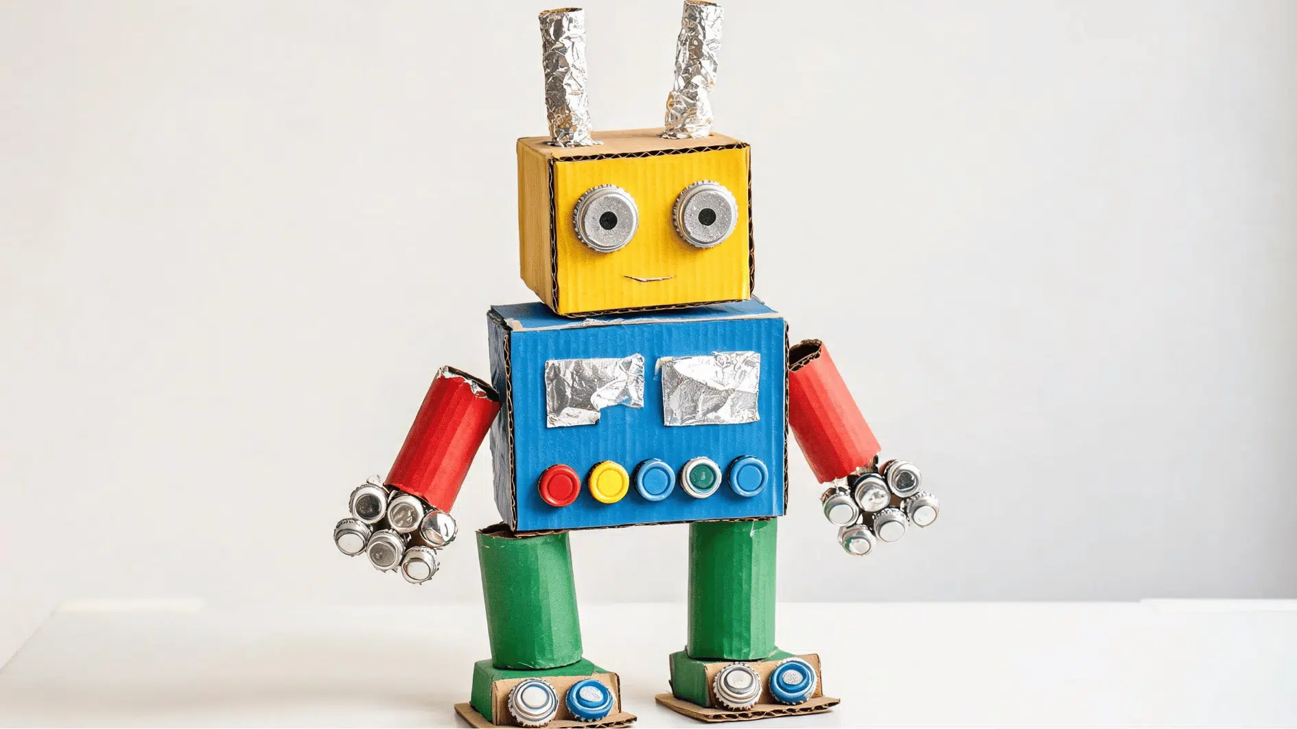 recycled robot sculpture made from cardboard tubes bottle caps and colorful craft materials