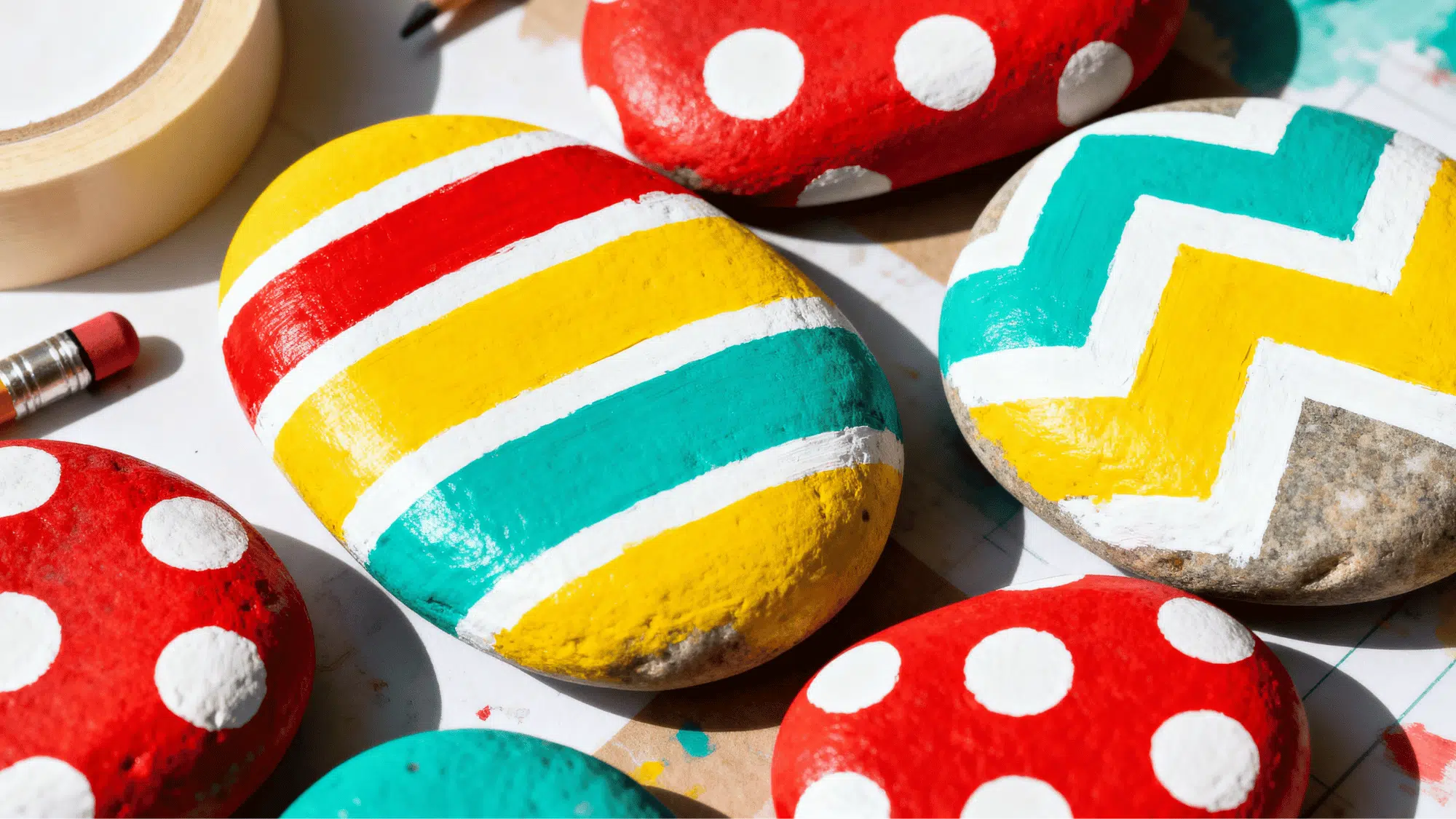 Polka dot and striped painted rocks on a craft table