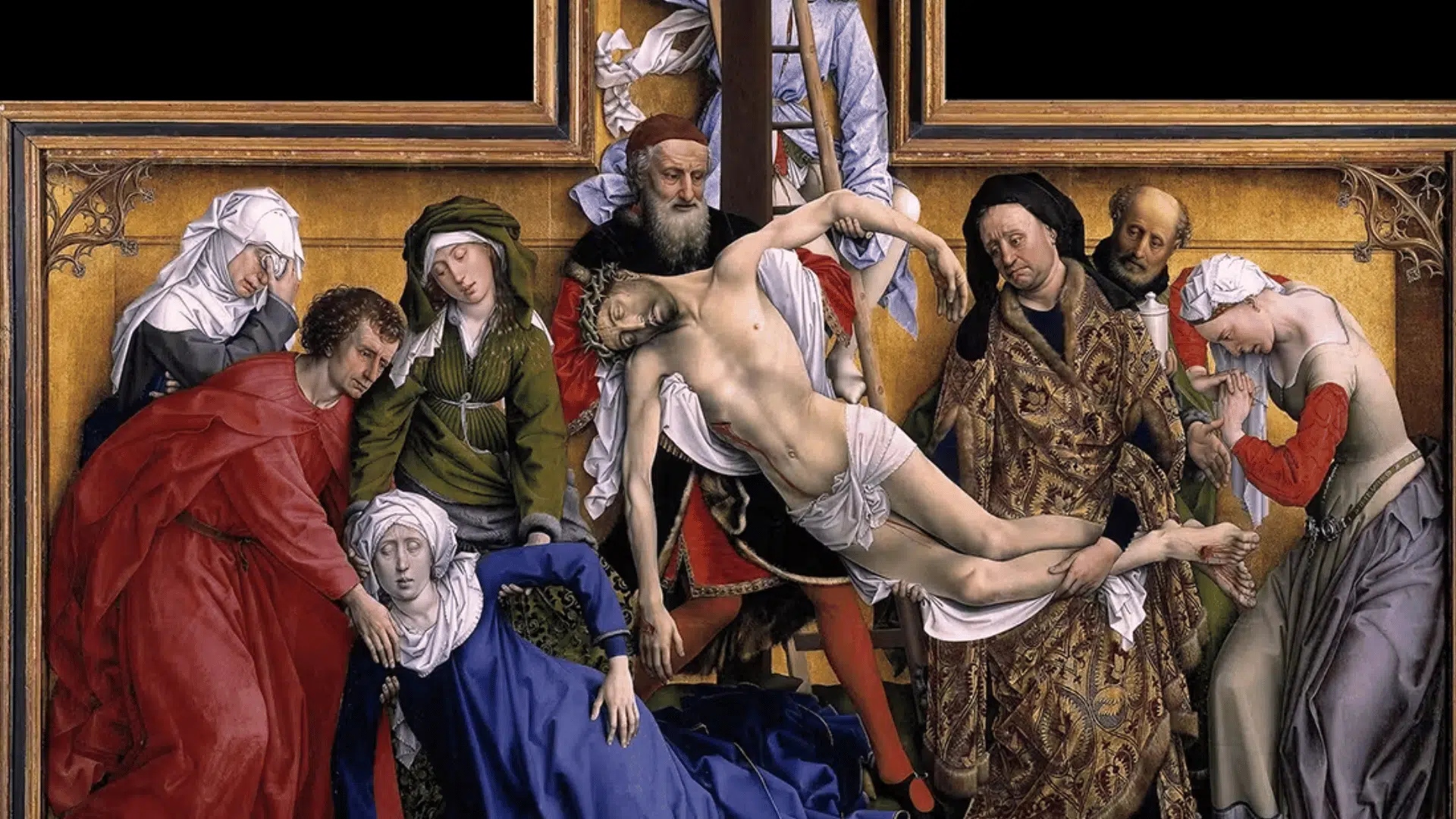 Rogier van der Weyden's The Descent from the Cross painting showing mourners lowering the body of Jesus