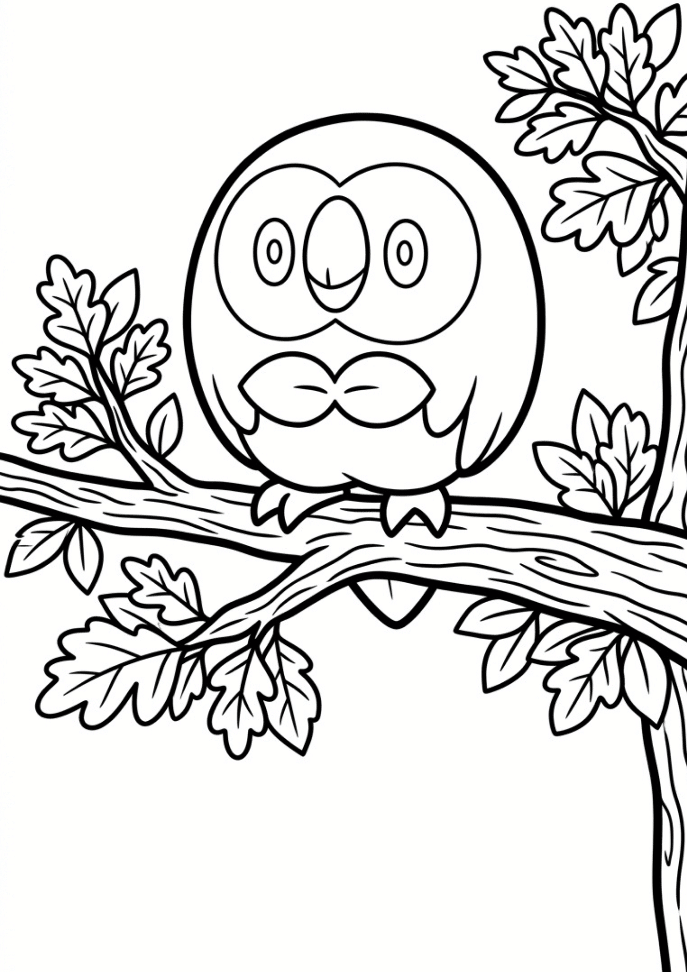 rowlet coloring page printable black outline sitting on tree branch with leaves cute owl pokemon kids coloring sheetline