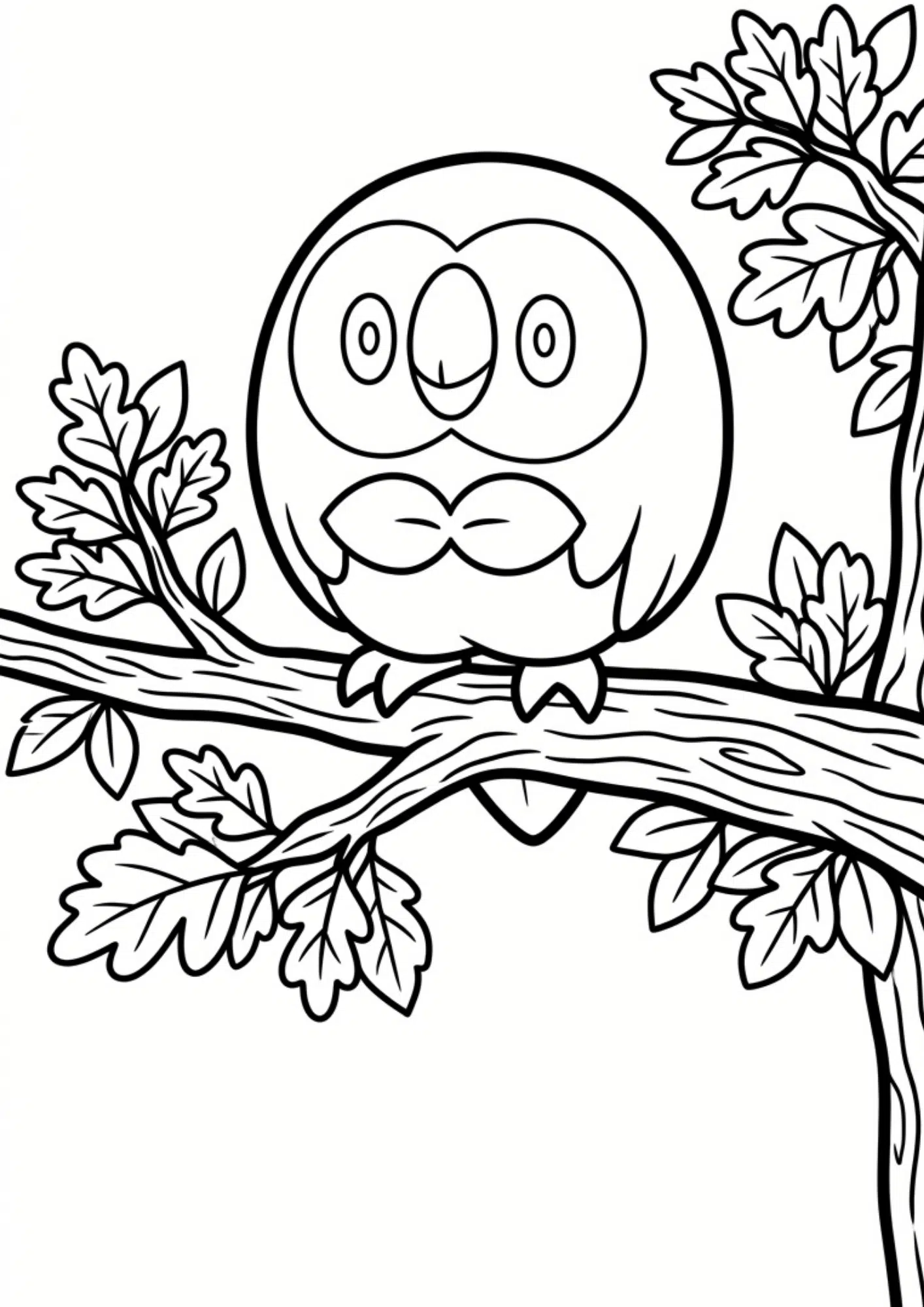 rowlet coloring page printable black outline sitting on tree branch with leaves cute owl pokemon kids coloring sheetline