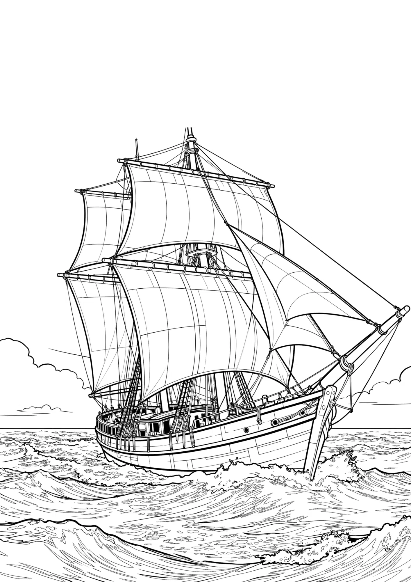 sailboat on ocean waves black outline coloring page simple sea scene with clouds and sky for kids