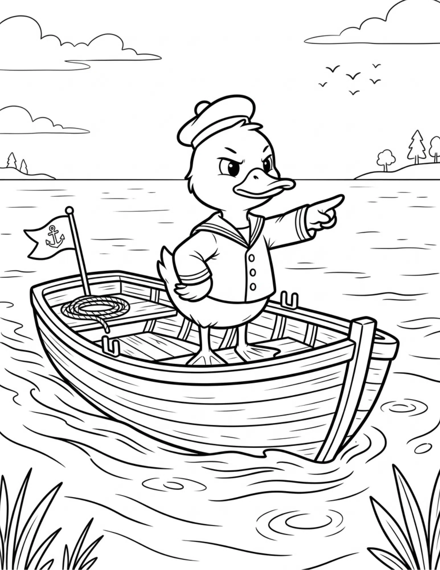 sailor duck steering small boat on water with focused expression ocean waves coloring page outline