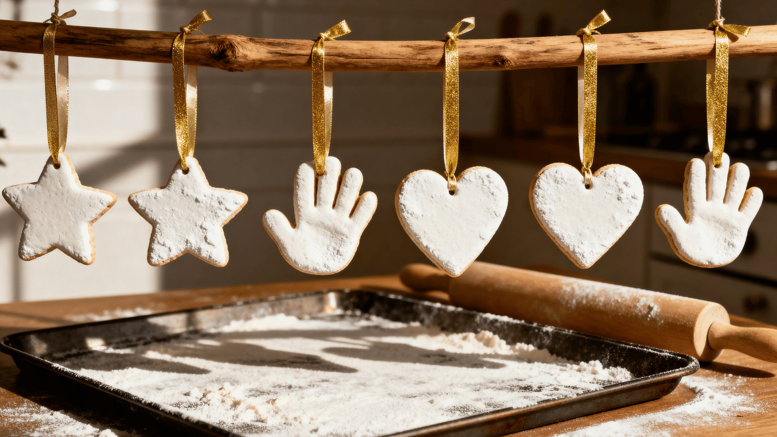 Handmade salt dough ornaments in star and heart shapes painted gold, a simple and fun craft for kids ages 6 to 12