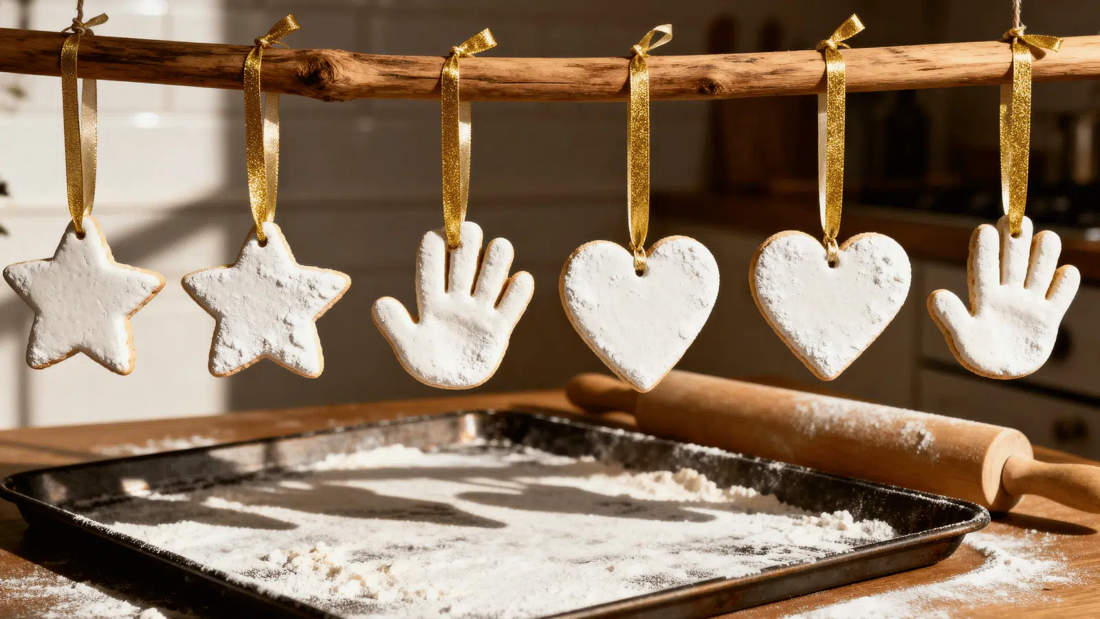 Handmade salt dough ornaments in star and heart shapes painted gold, a simple and fun craft for kids ages 6 to 12