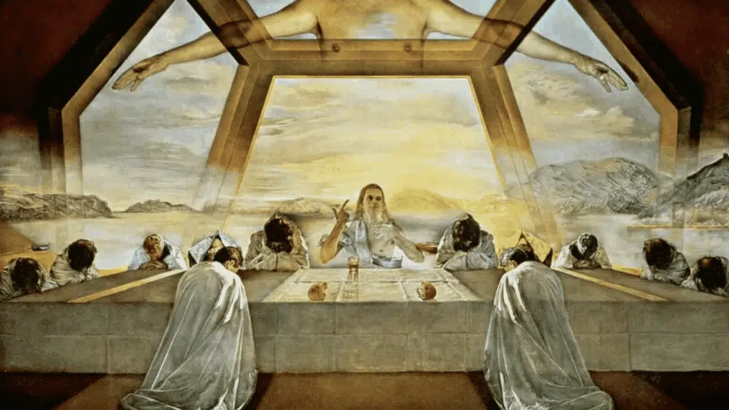 Salvador Dalí's The Sacrament of the Last Supper painting, depicting Jesus sitting with his disciples before a large window