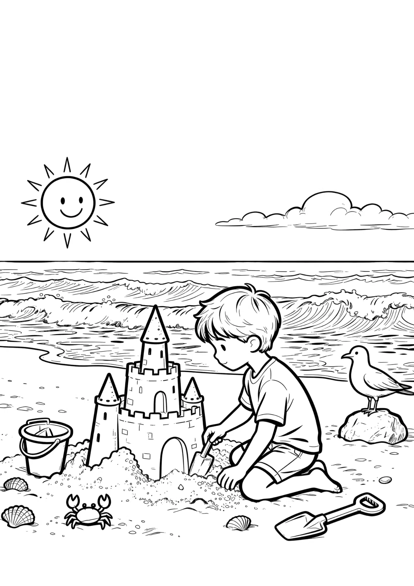 smiling sun beach coloring page with child building sandcastle seagull crab shells and ocean waves clean black outline