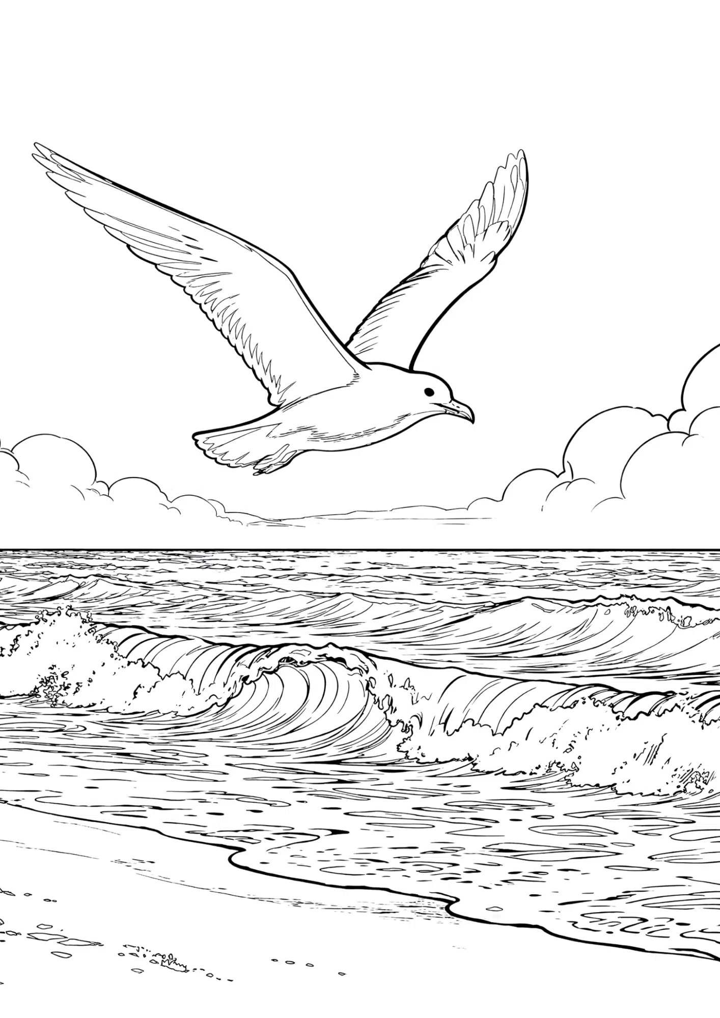 seagulls flying over ocean waves black outline coloring page simple sky sea scene for kids