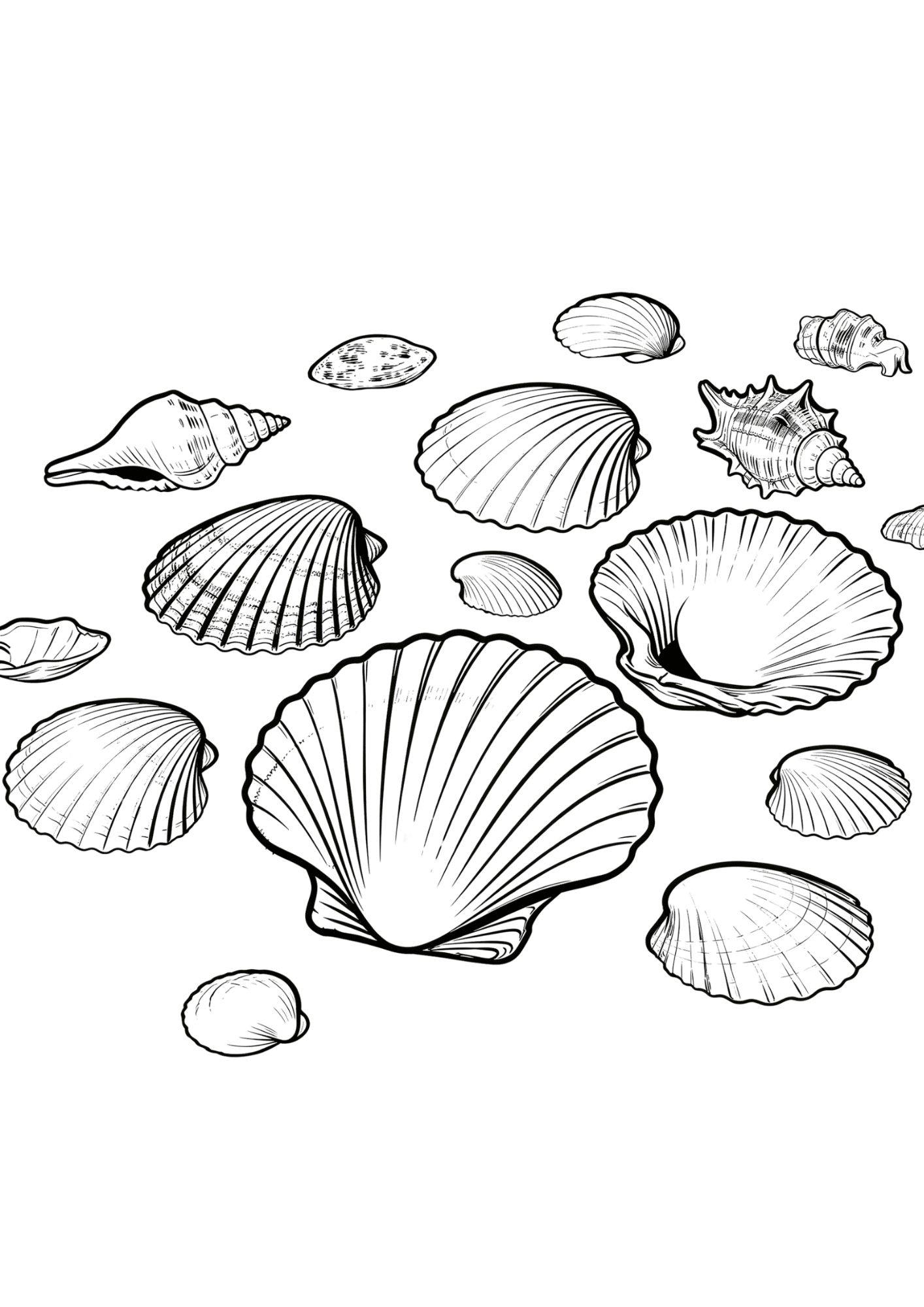 seashells scattered on beach sand black outline coloring page simple seaside nature scene