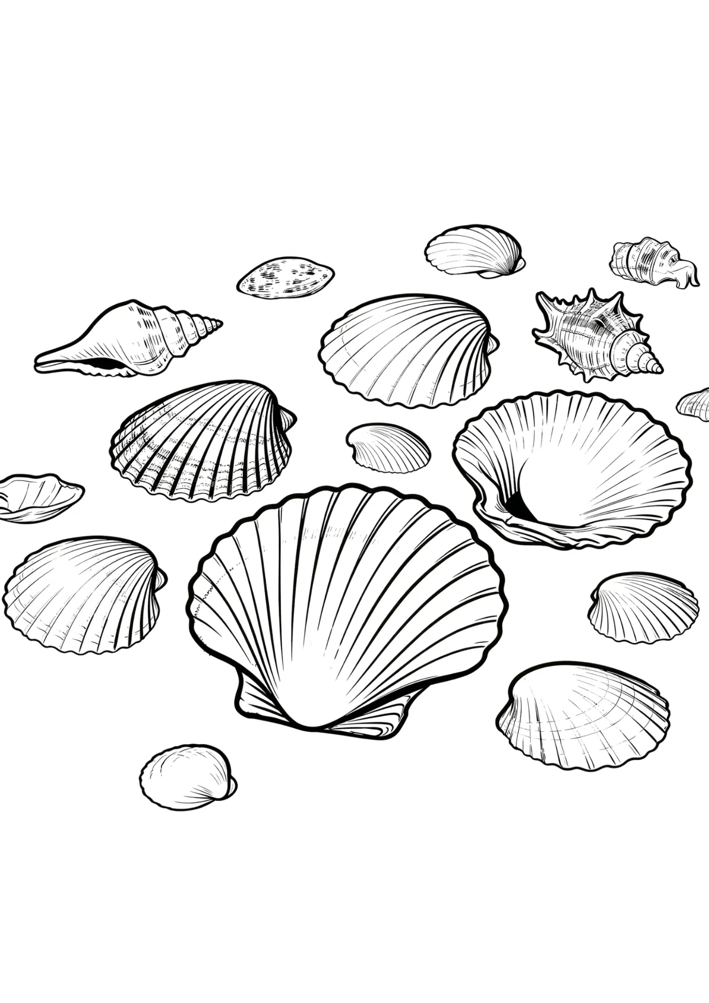 seashells scattered on beach sand black outline coloring page simple seaside nature scene