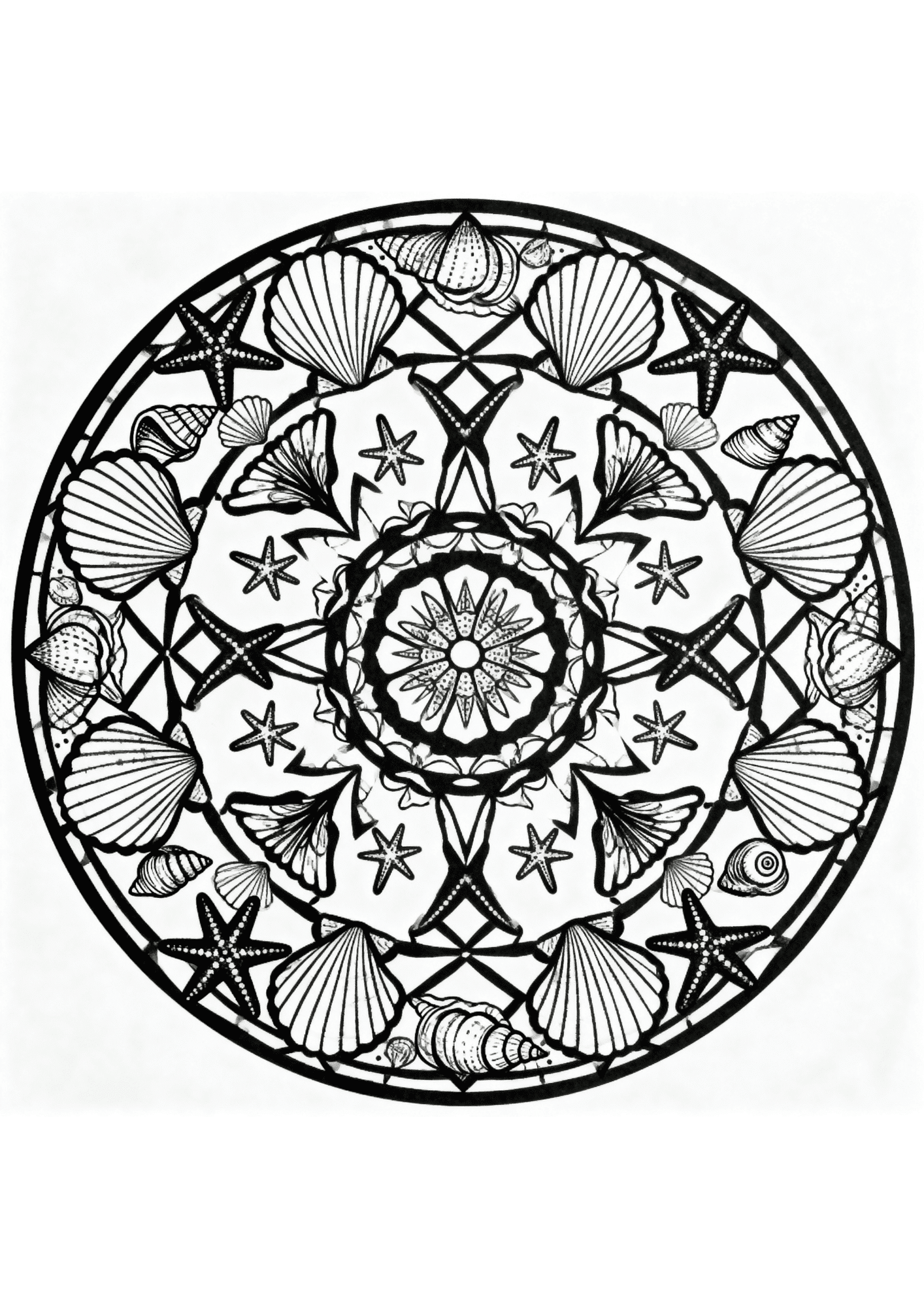 seashell mandala circular coloring page starfish shells ocean pattern black outline detailed beach design kids friendly