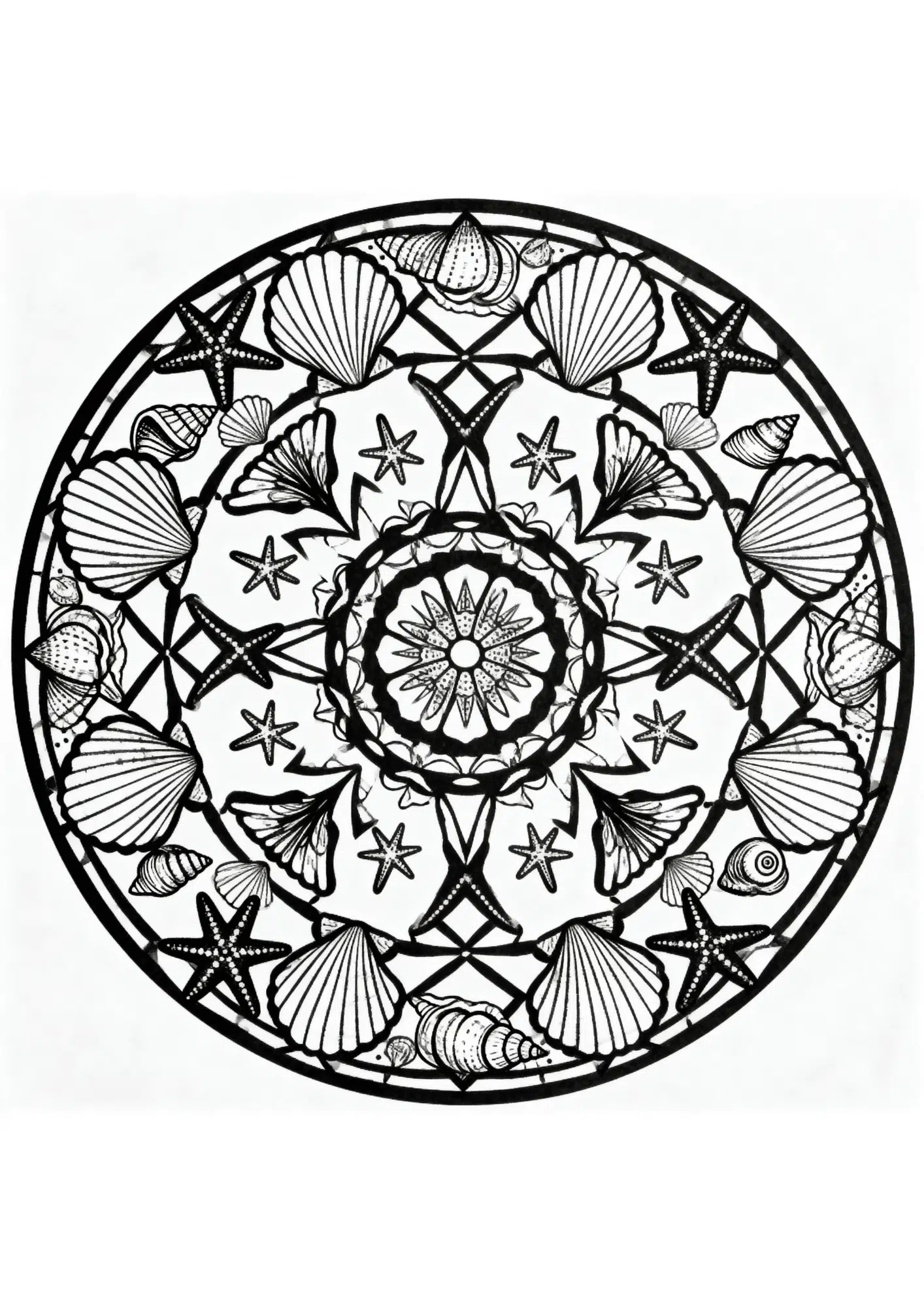 seashell mandala circular coloring page starfish shells ocean pattern black outline detailed beach design kids friendly