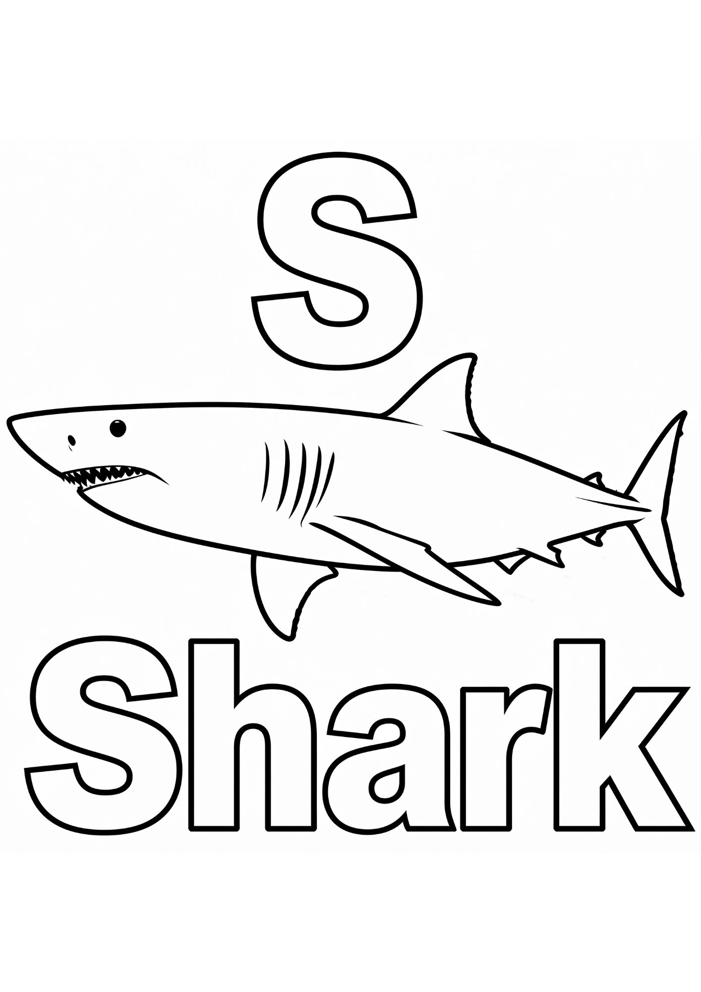shark alphabet coloring page with large letter s and friendly shark in bold black outline only for kids learning
