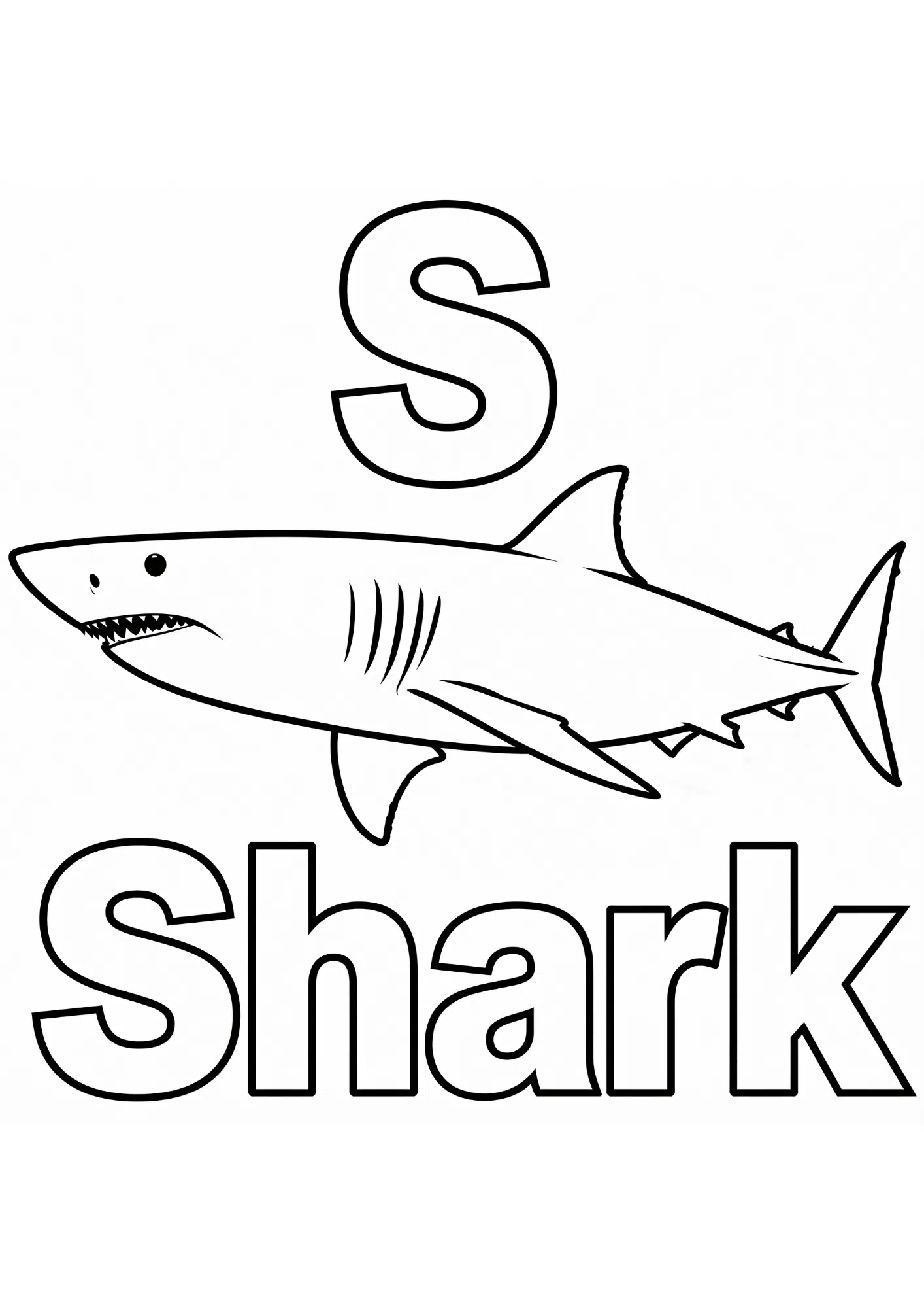 shark alphabet coloring page with large letter s and friendly shark in bold black outline only for kids learning