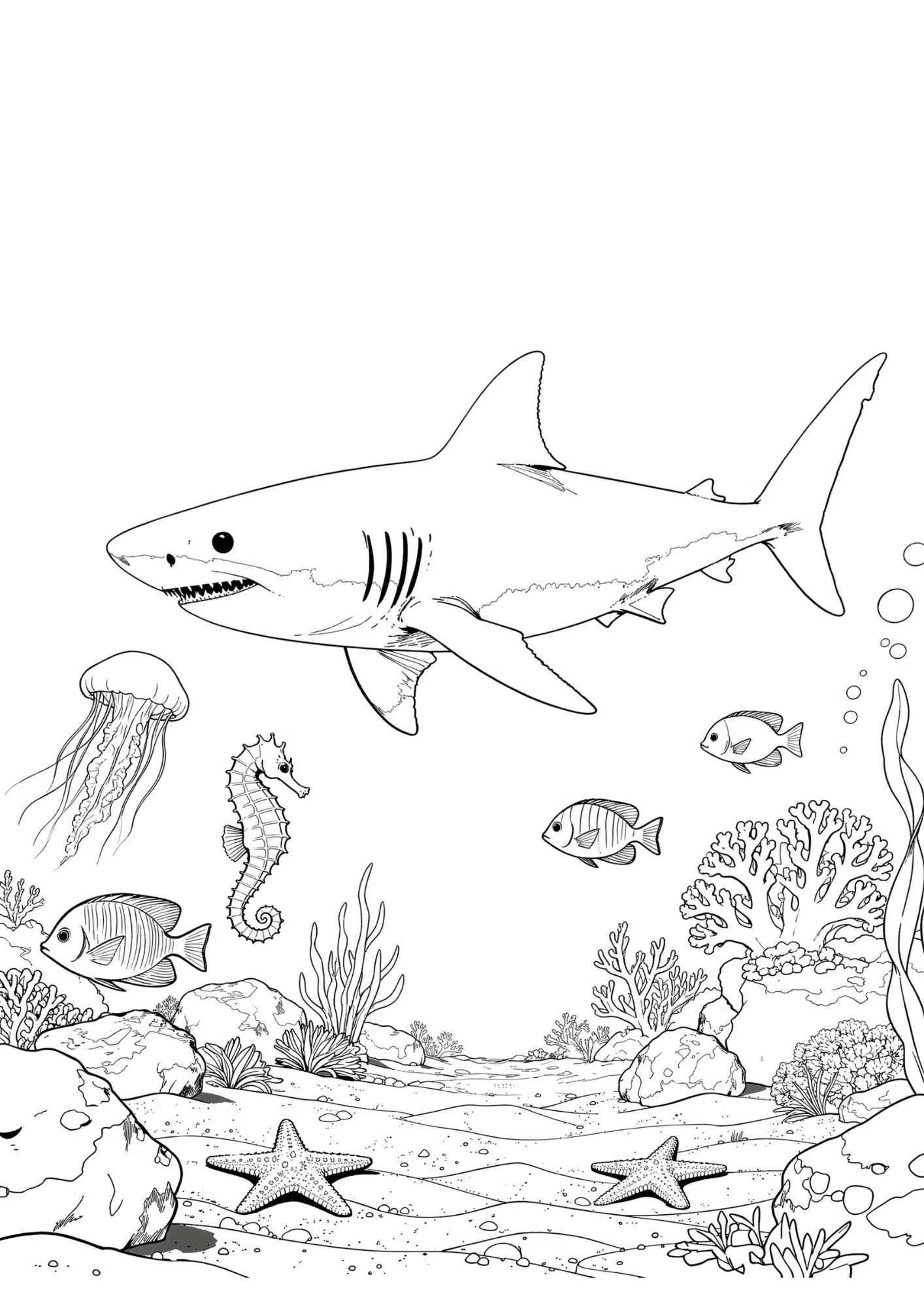 shark and jellyfish coloring page with floating jellyfish and coral in bold black outline only for coloring