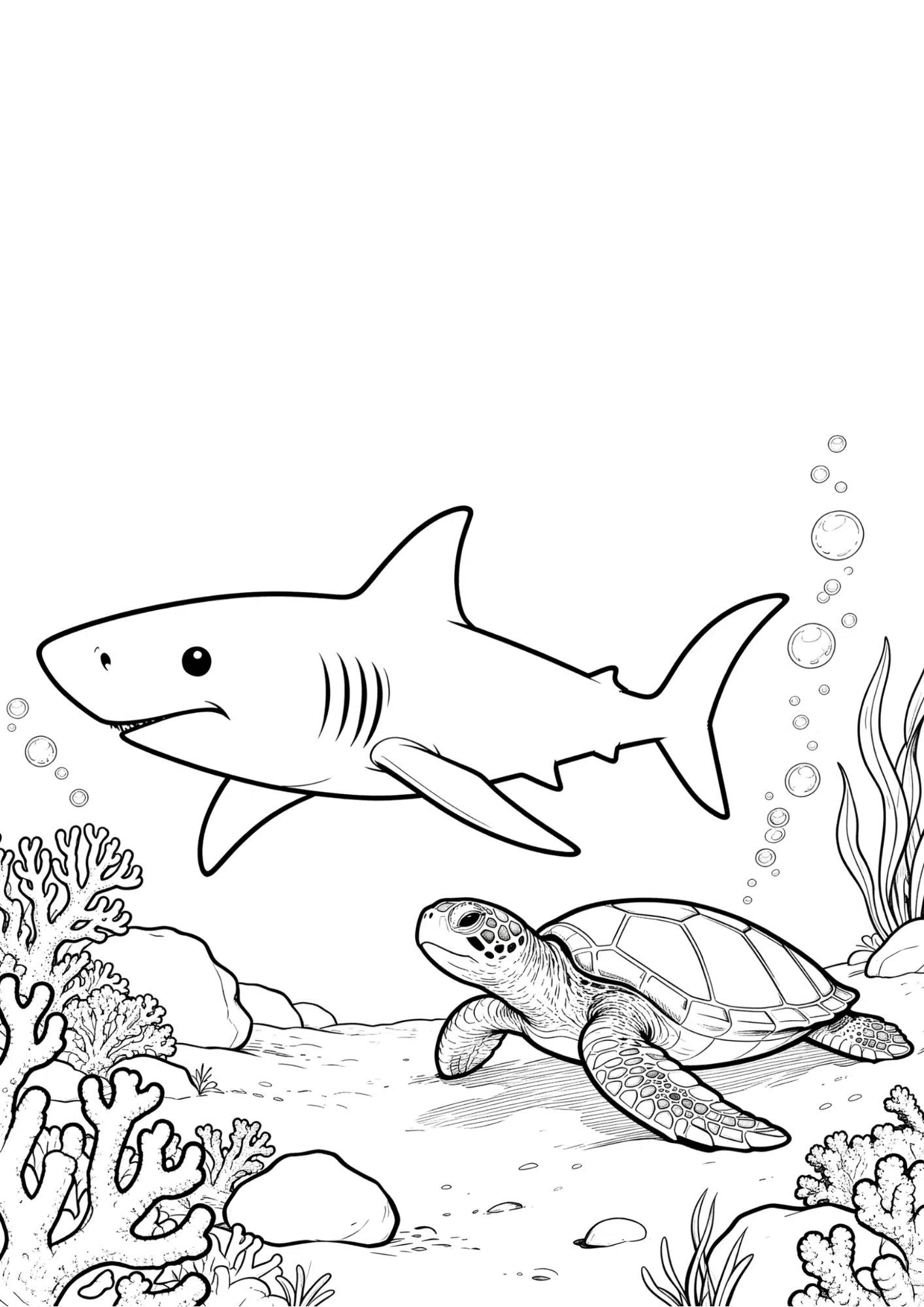 shark and sea turtle coloring page with coral reef in realistic underwater outline illustration scene