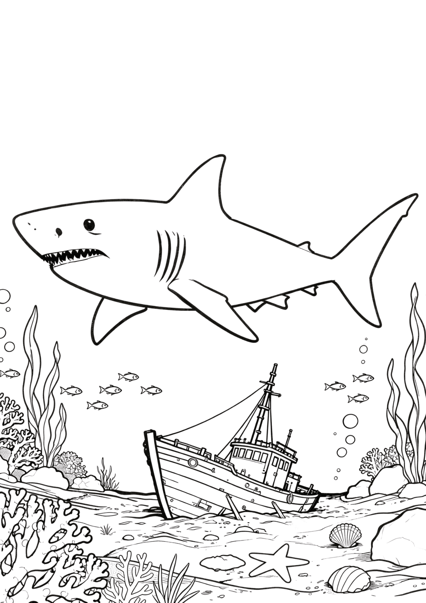 shark and sunken ship coloring page with bold black outline only and empty underwater details to color