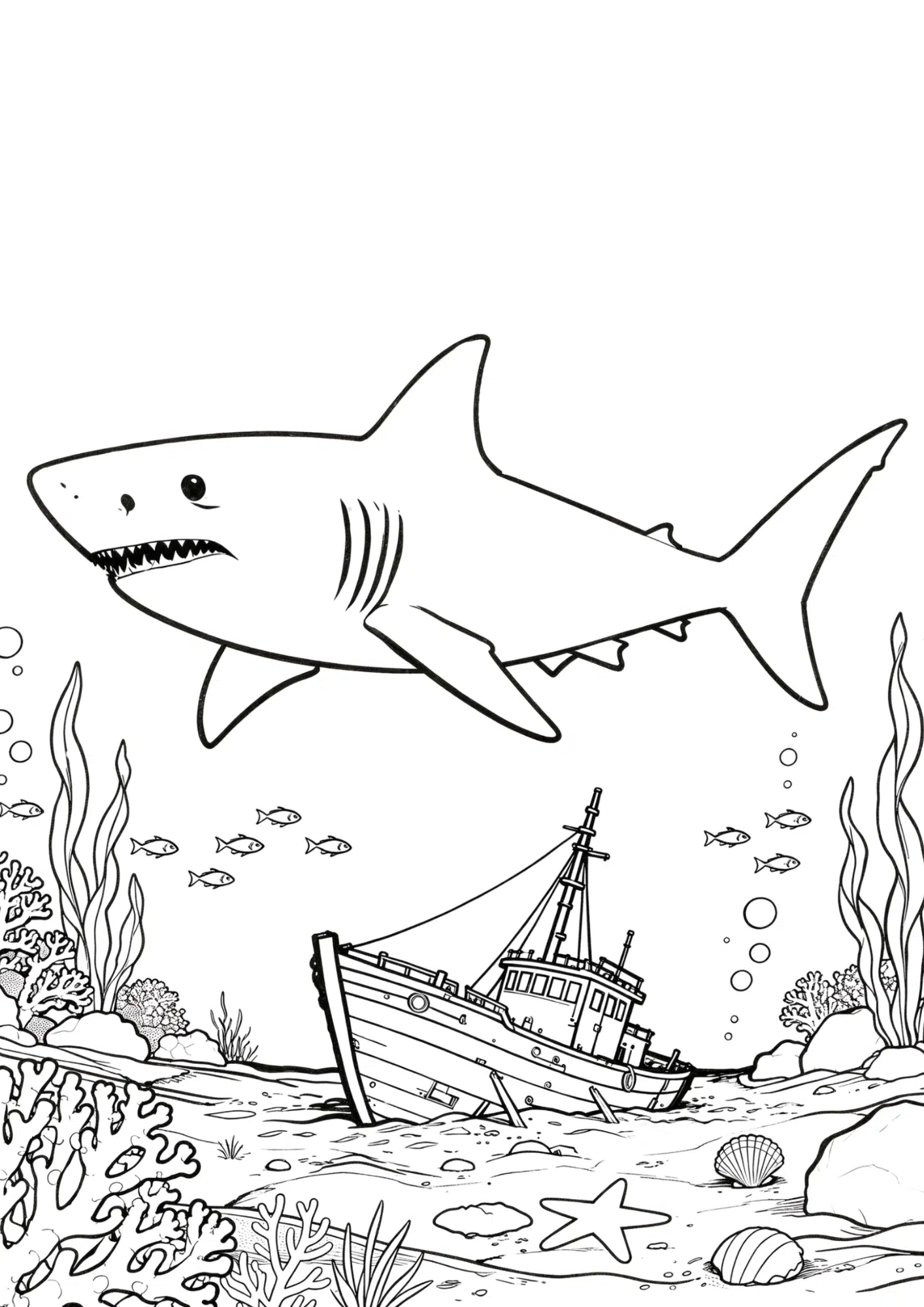 shark and sunken ship coloring page with bold black outline only and empty underwater details to color