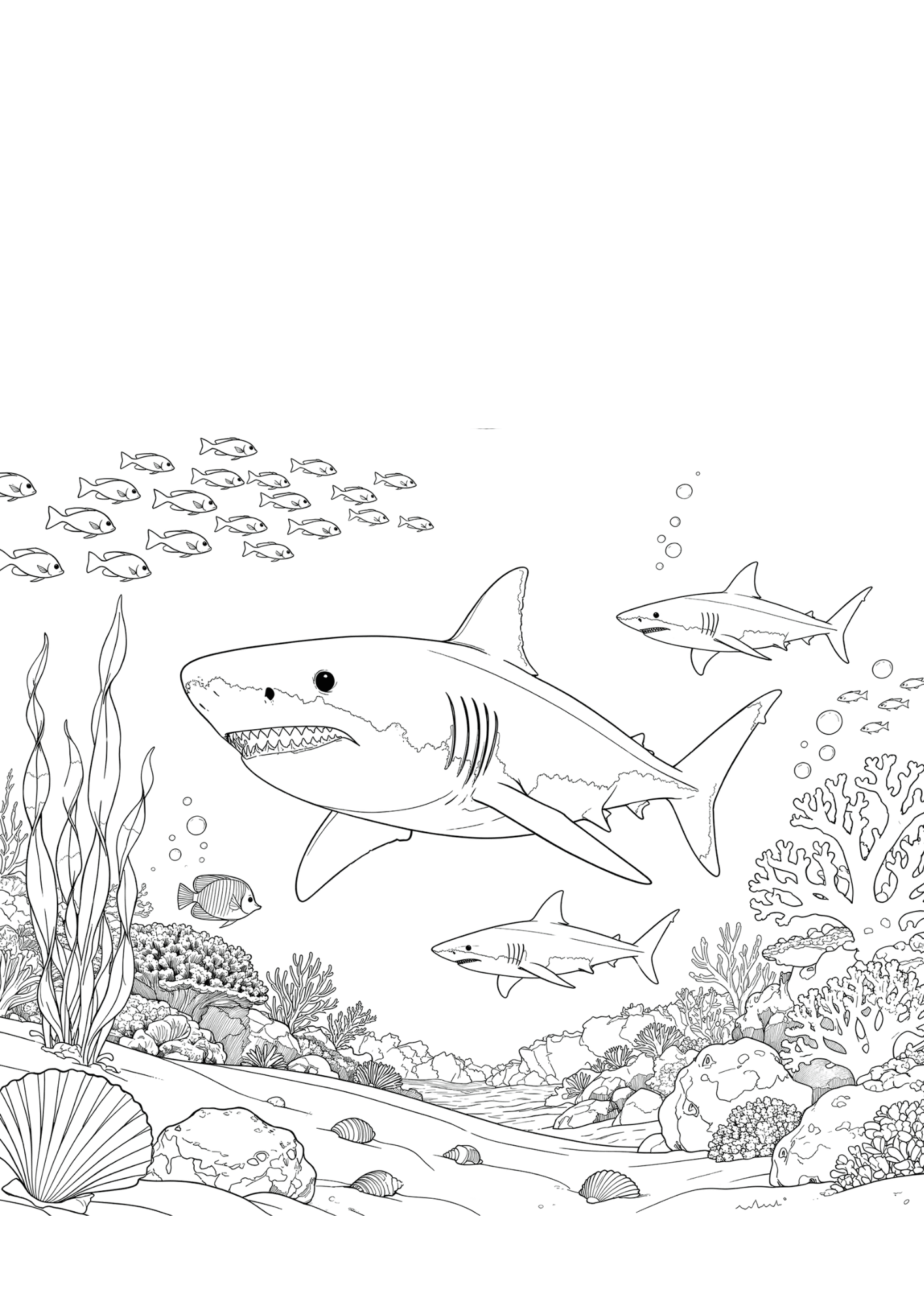 shark chasing small fish coloring page with underwater coral scene in bold black outline only for coloring fun