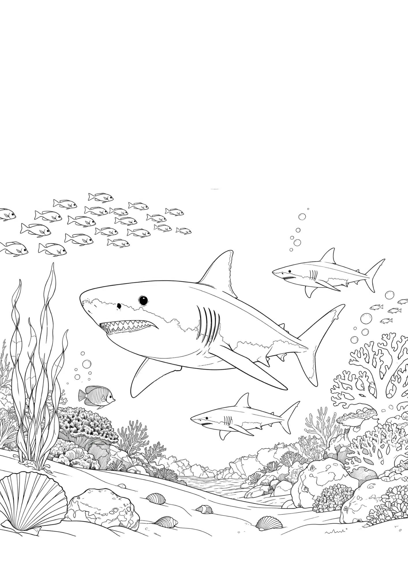 shark chasing small fish coloring page with underwater coral scene in bold black outline only for coloring fun