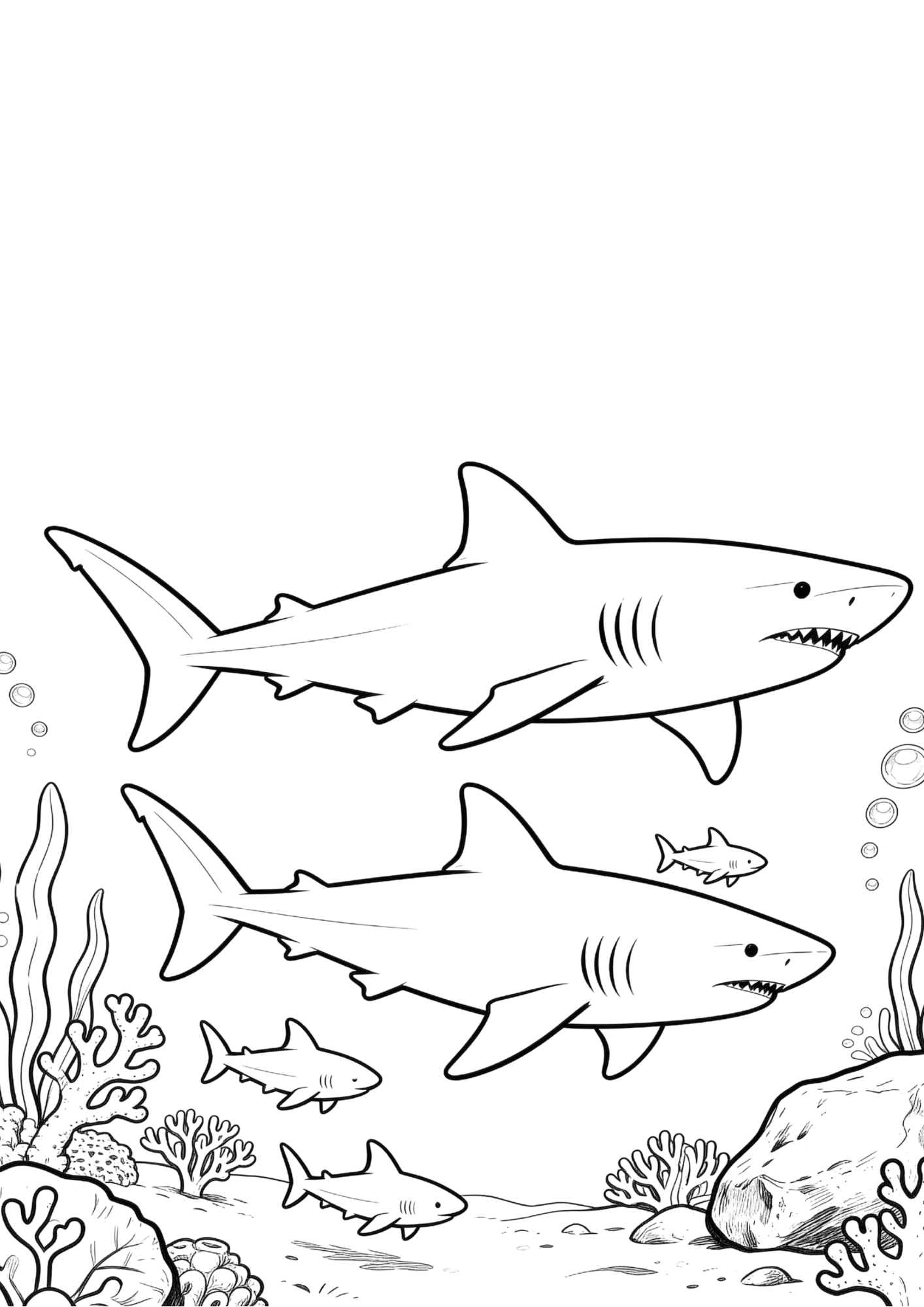 shark family coloring page with parent sharks and baby sharks in realistic underwater outline scene