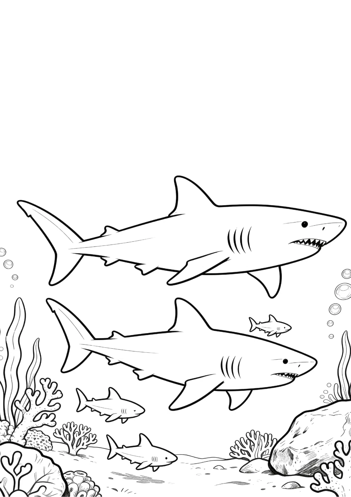 shark family coloring page with parent sharks and baby sharks in realistic underwater outline scene