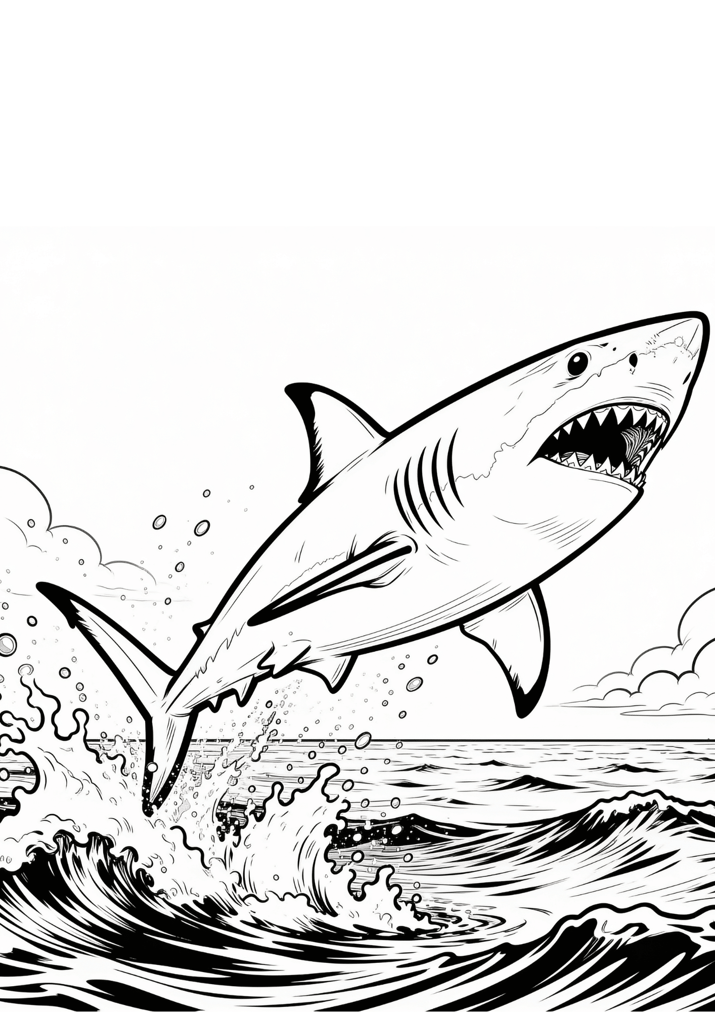 shark jumping out of water coloring page with splashing waves in bold black outline only for printable coloring