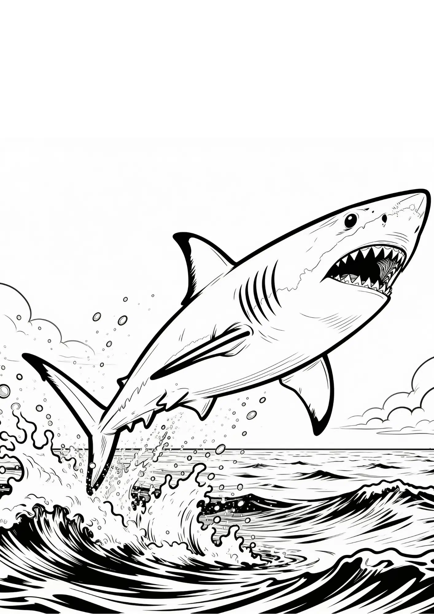 shark jumping out of water coloring page with splashing waves in bold black outline only for printable coloring